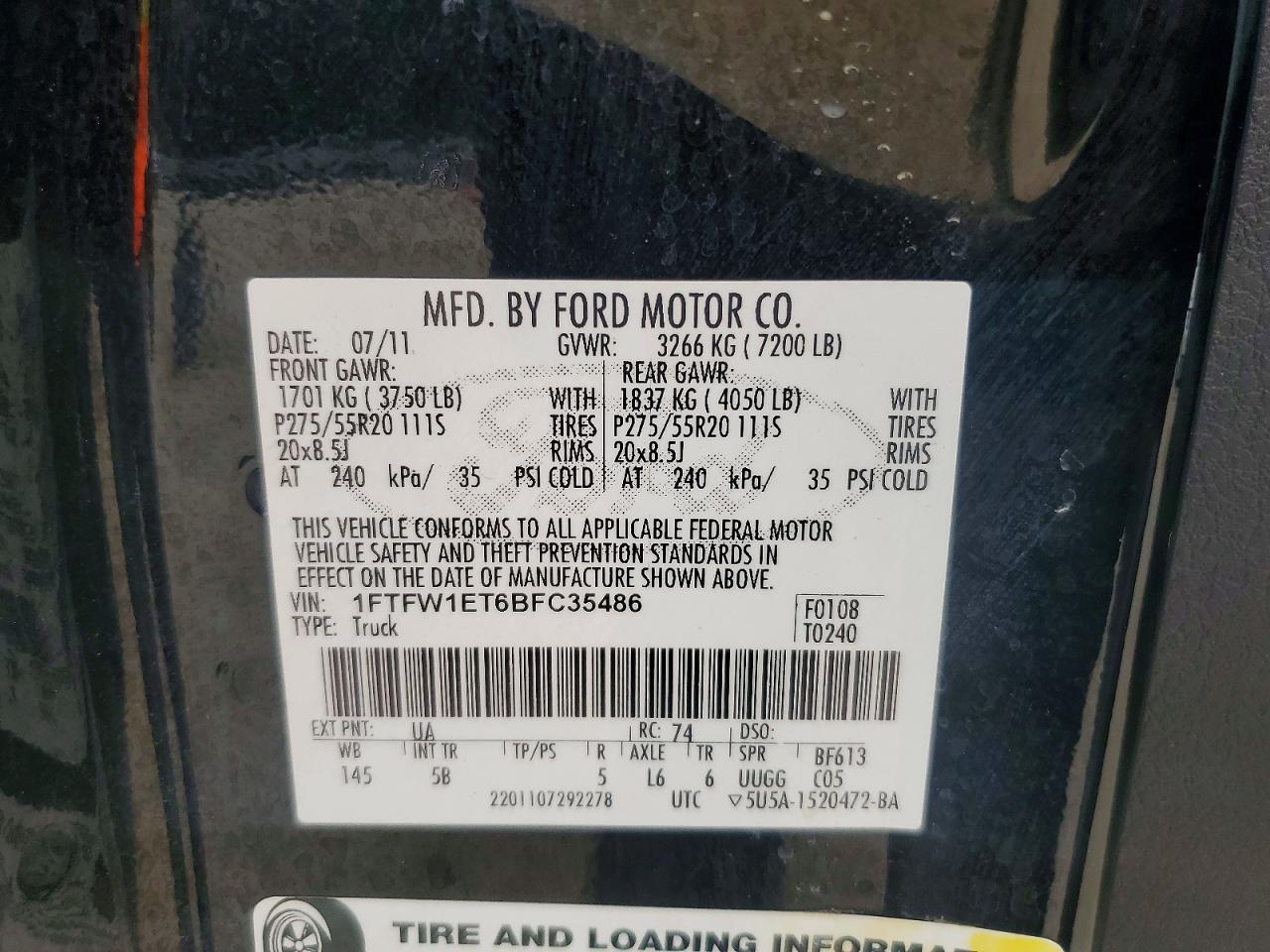 2011 Ford F150 Supercrew Black vin: 1FTFW1ET6BFC35486