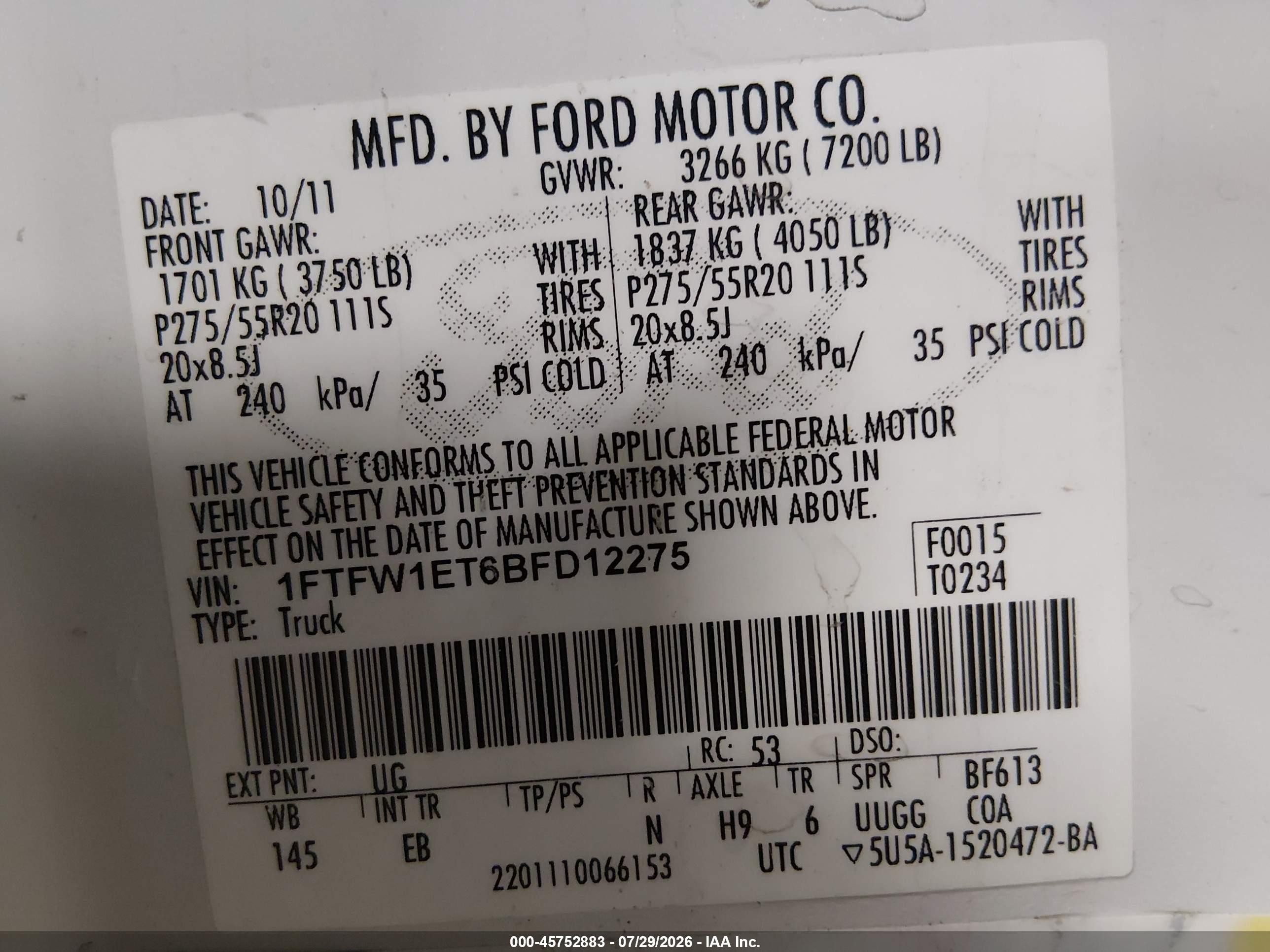 2011 Ford F-150 Lariat White vin: 1FTFW1ET6BFD12275