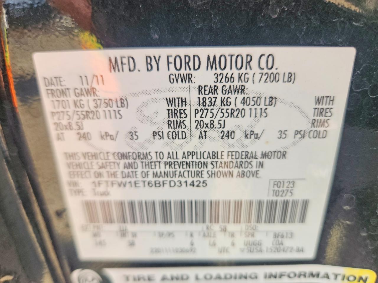 2011 Ford F150 Supercrew Черный vin: 1FTFW1ET6BFD31425