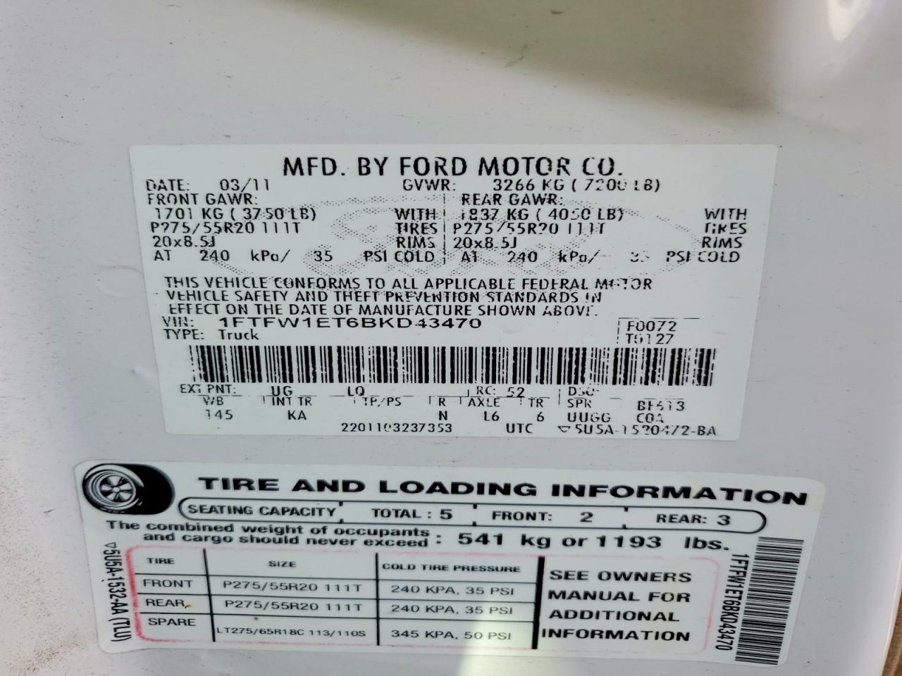 2011 Ford F150 Supercrew White vin: 1FTFW1ET6BKD43470