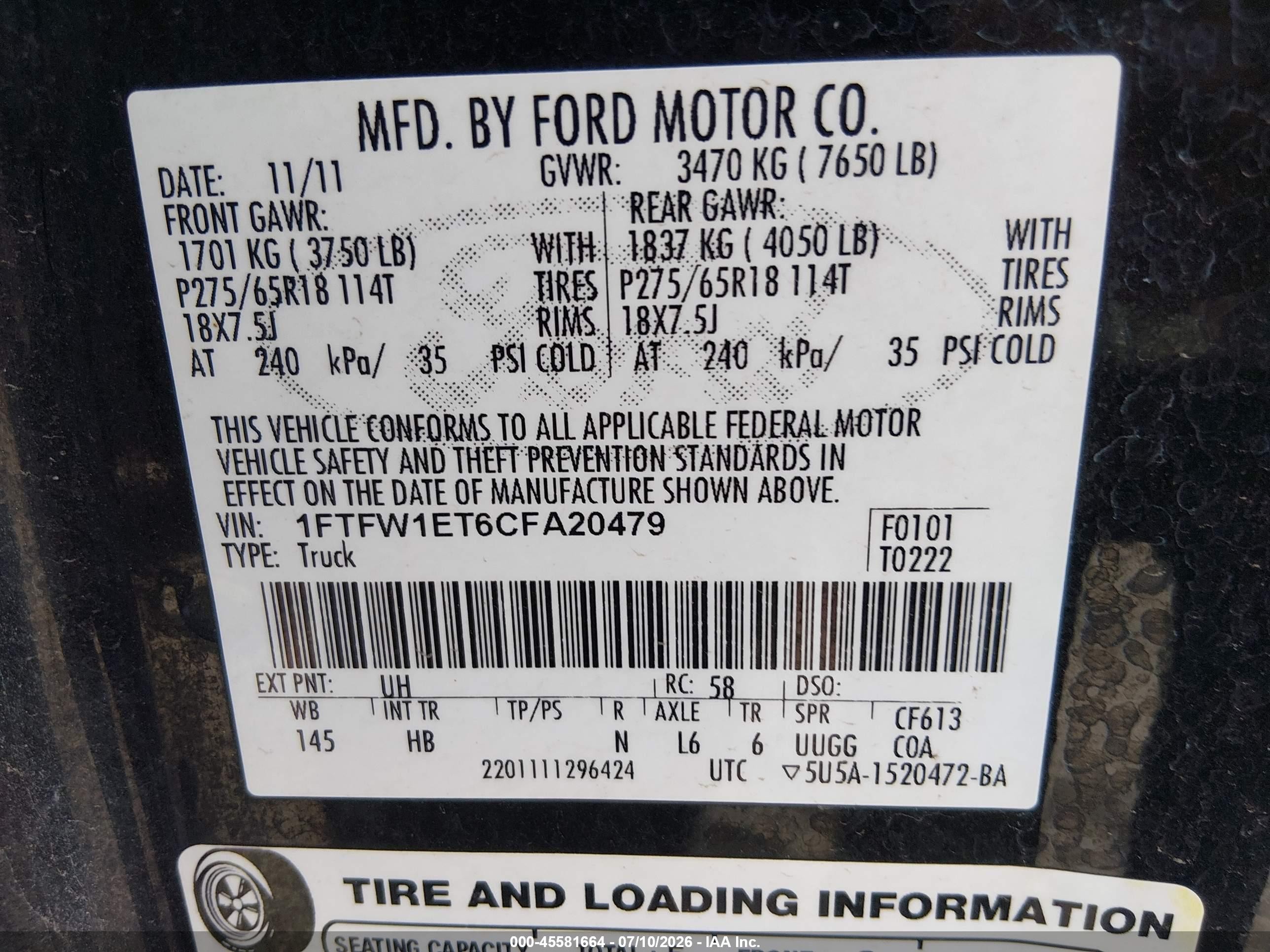 2012 Ford F-150 Lariat Black vin: 1FTFW1ET6CFA20479