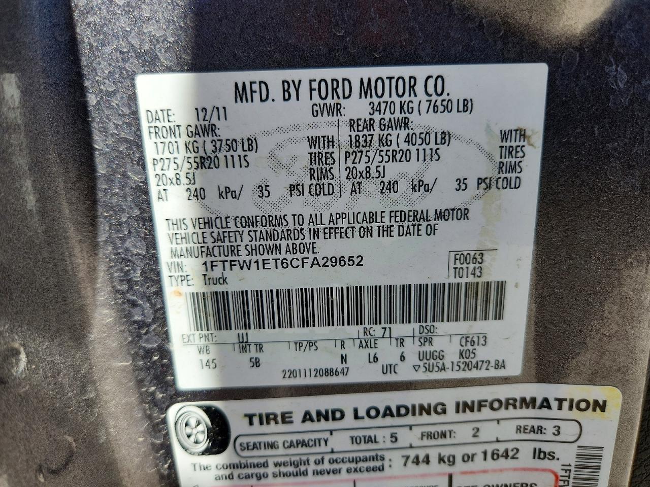 2012 Ford F150 Supercrew Gray vin: 1FTFW1ET6CFA29652