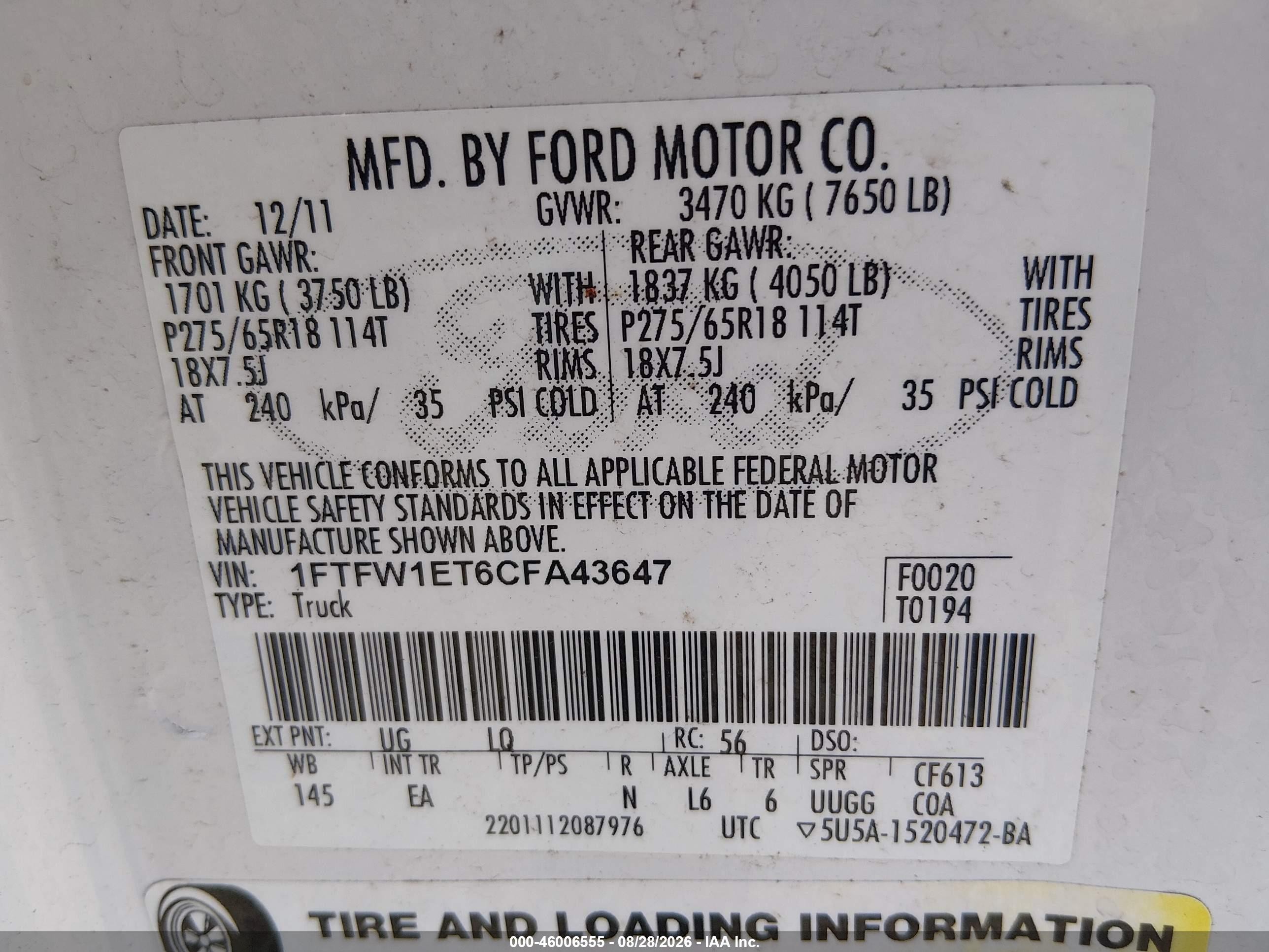 2012 Ford F-150 Lariat White vin: 1FTFW1ET6CFA43647
