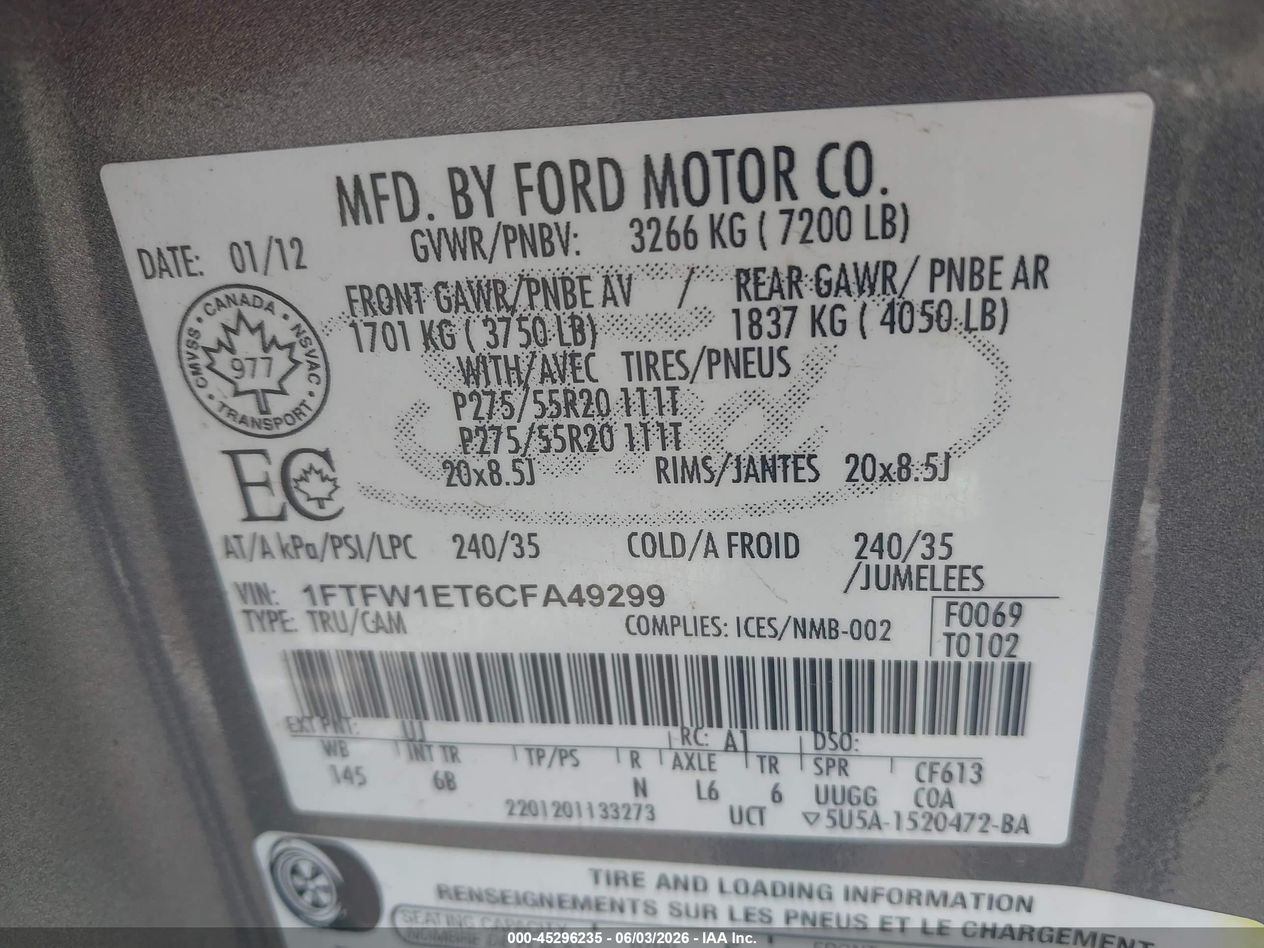 2012 Ford F-150 Fx4 Gray vin: 1FTFW1ET6CFA49299