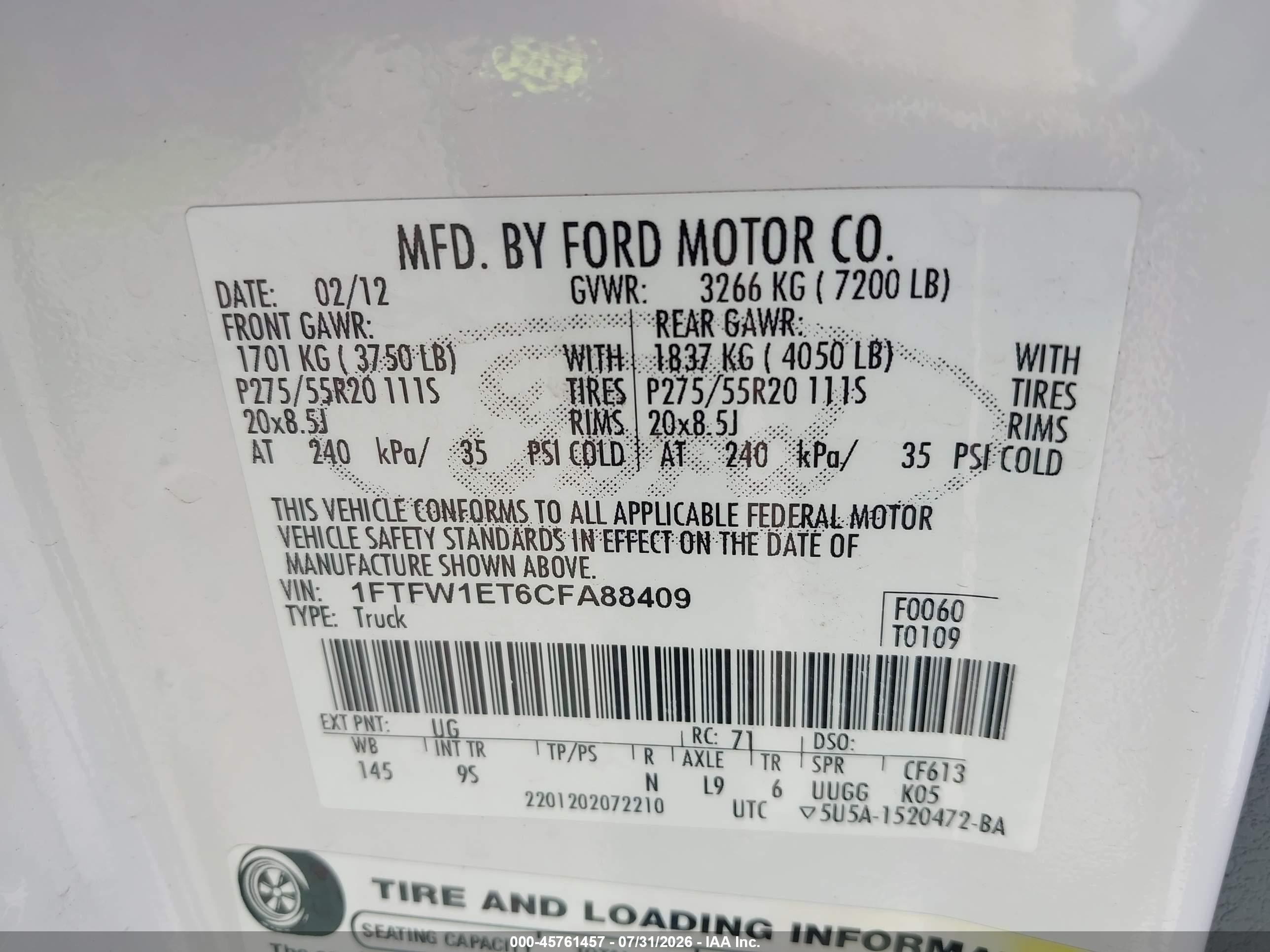 2012 Ford F-150 Platinum White vin: 1FTFW1ET6CFA88409