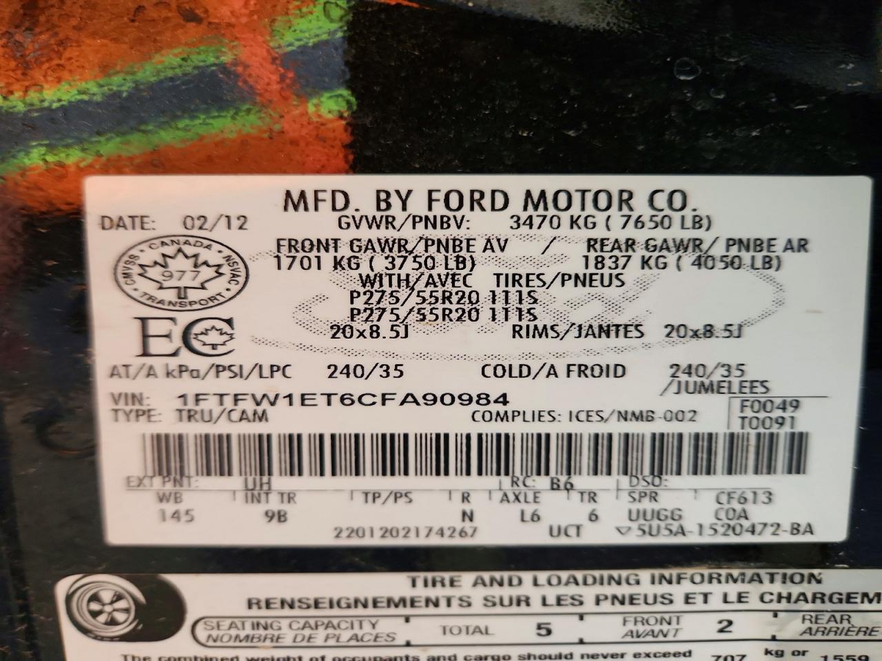 2012 Ford F150 Supercrew Черный vin: 1FTFW1ET6CFA90984