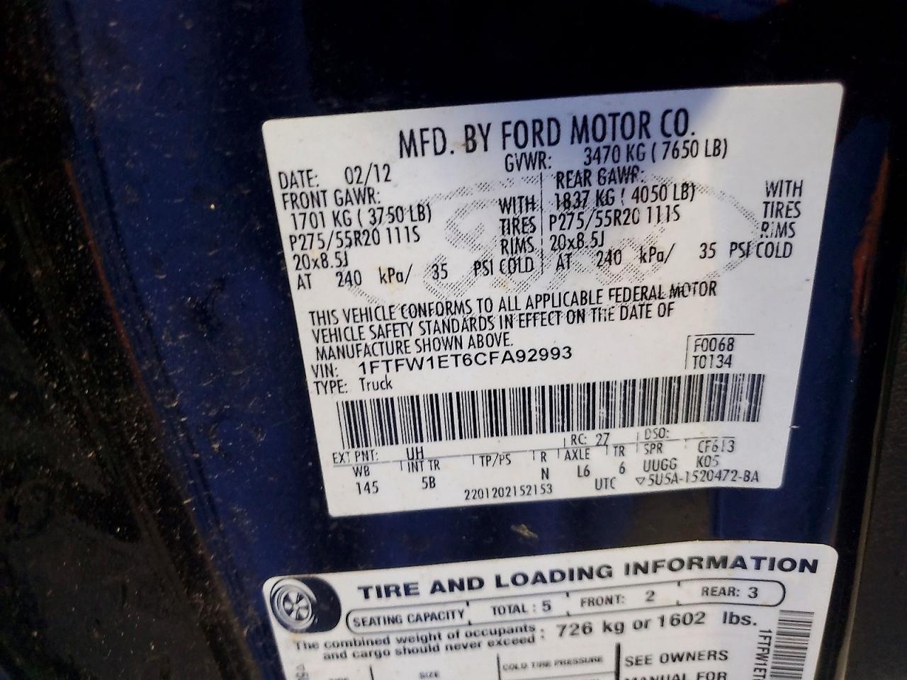 2012 Ford F150 Supercrew Black vin: 1FTFW1ET6CFA92993