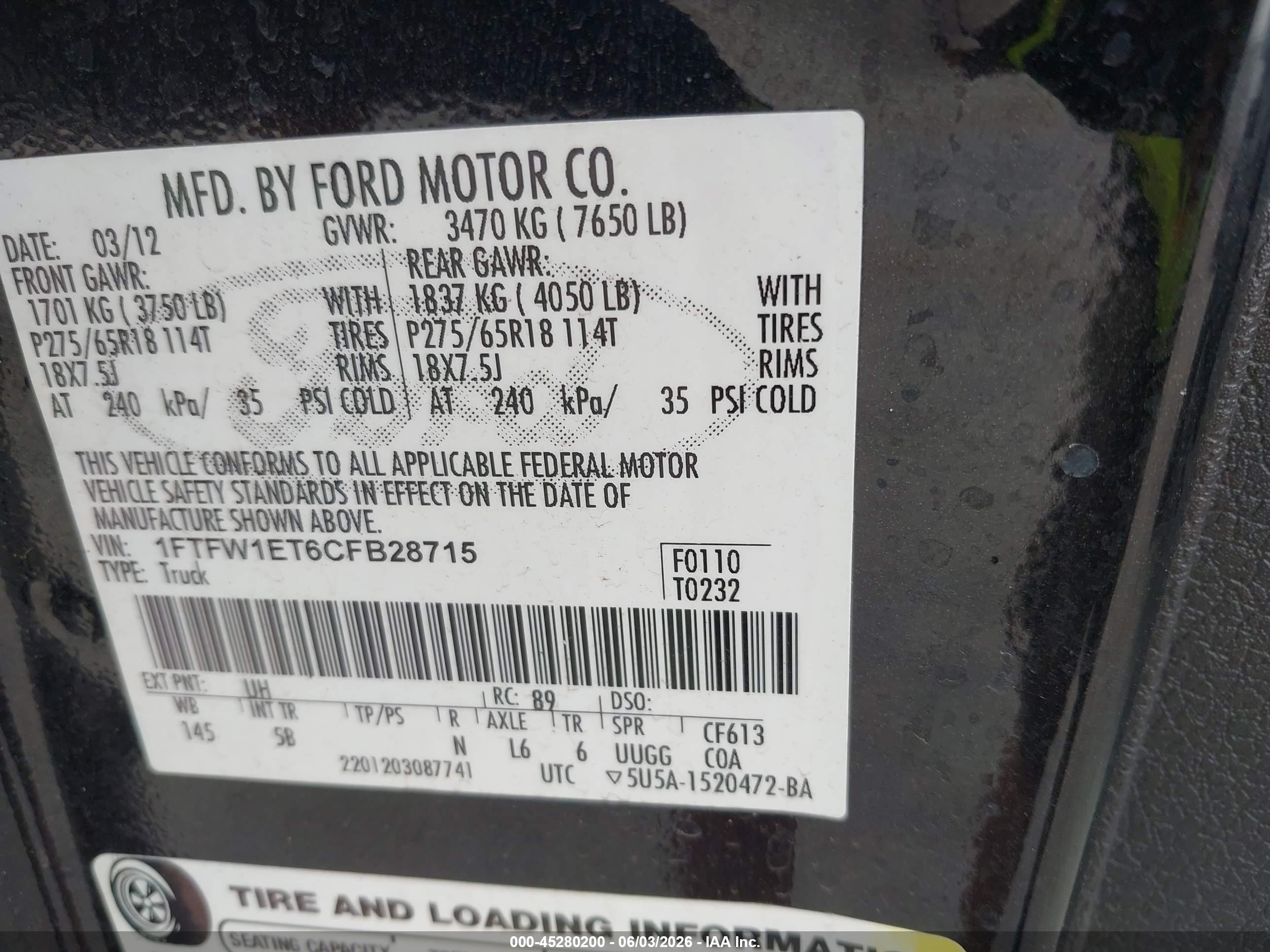 2012 Ford F-150 Fx4 Black vin: 1FTFW1ET6CFB28715