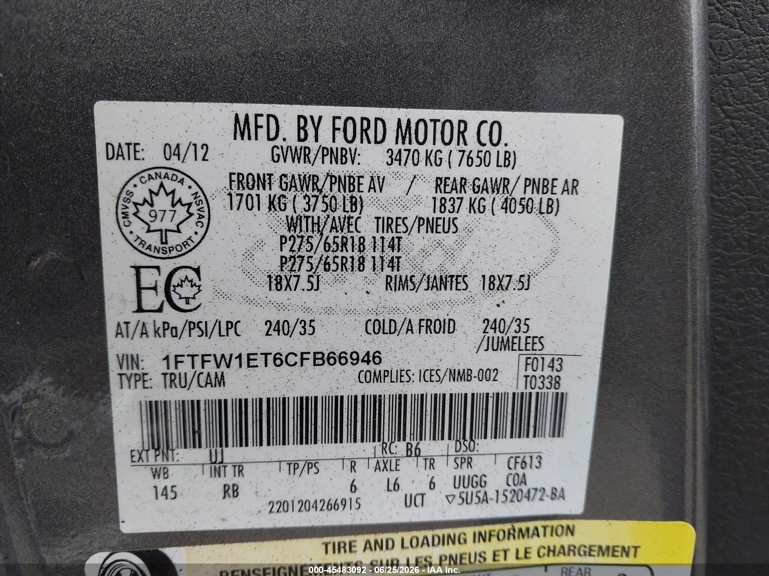 2012 Ford F-150 Fx4/king Ranch/lariat/platinum/xl/xlt Gray vin: 1FTFW1ET6CFB66946