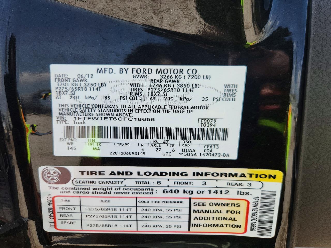 2012 Ford F150 Supercrew Black vin: 1FTFW1ET6CFC18656