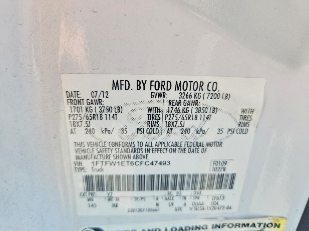 2012 Ford F150 Supercrew White vin: 1FTFW1ET6CFC47493