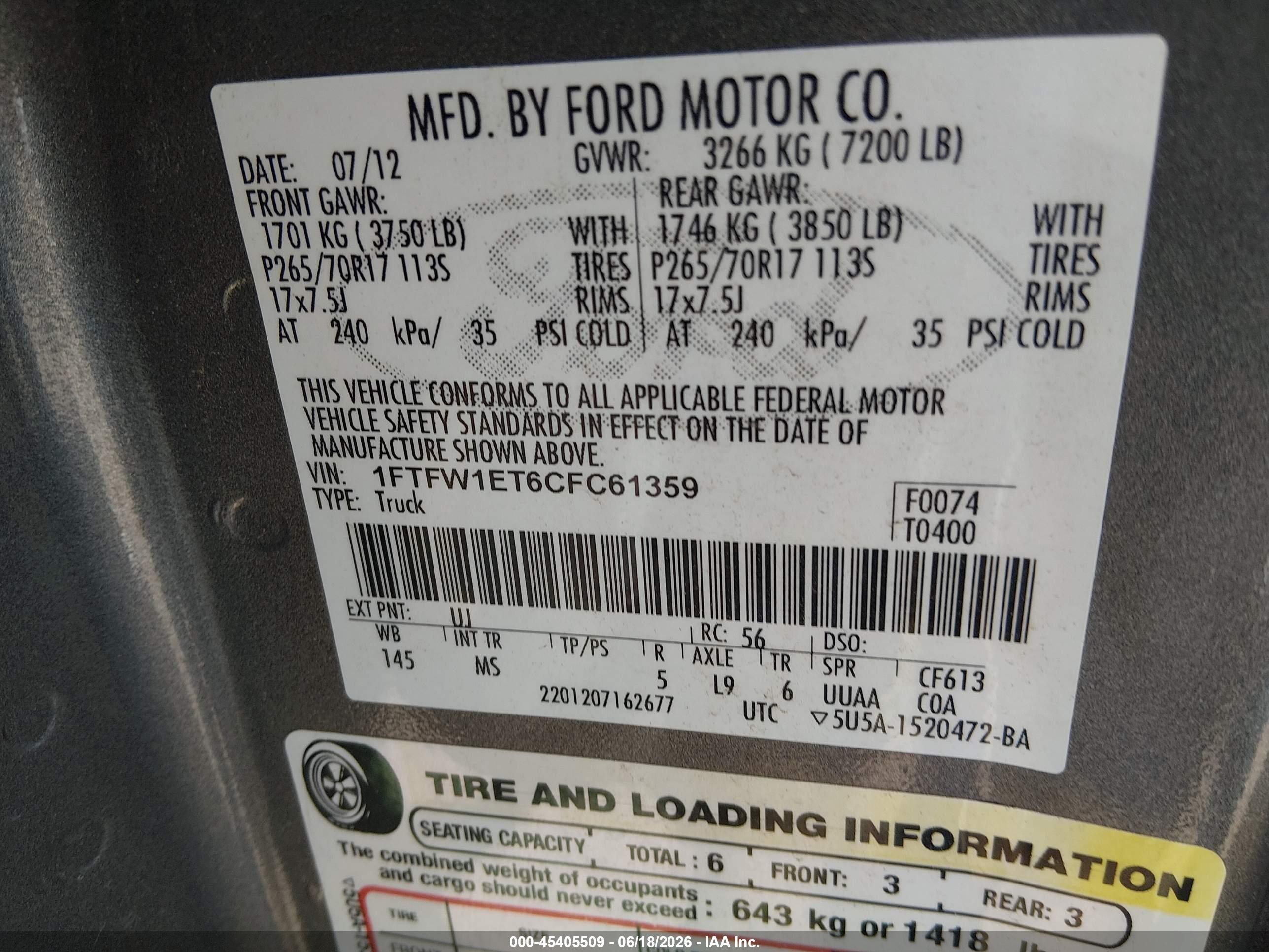 2012 Ford F-150 Fx4/king Ranch/lariat/platinum/xl/xlt Silver vin: 1FTFW1ET6CFC61359