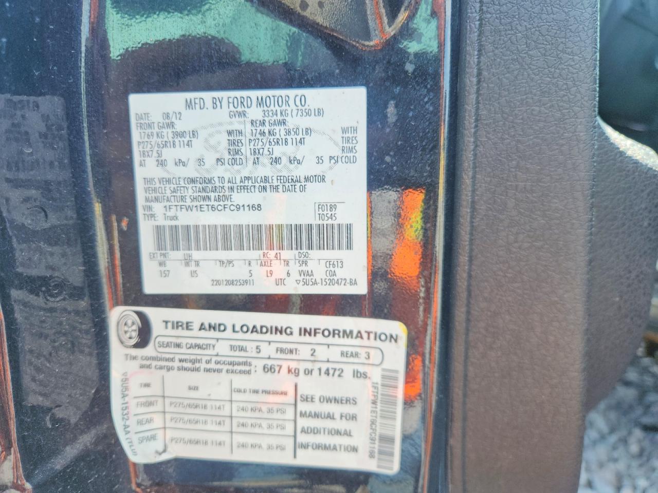 2012 Ford F150 Supercrew Black vin: 1FTFW1ET6CFC91168