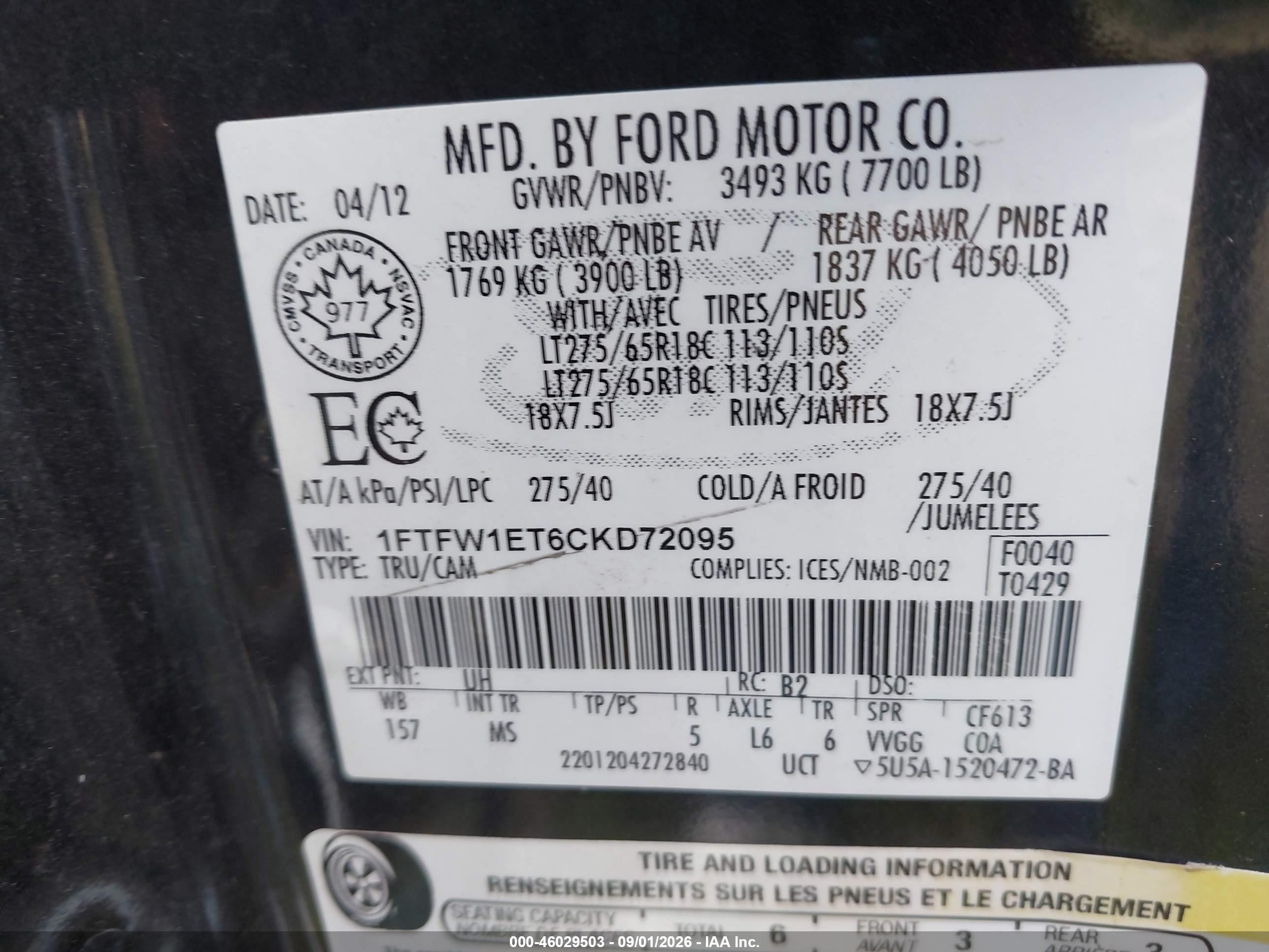 2012 Ford F-150 Xlt Black vin: 1FTFW1ET6CKD72095