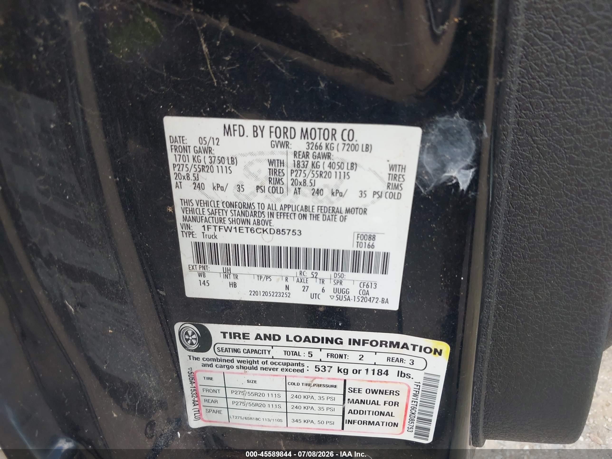 2012 Ford F-150 Lariat Black vin: 1FTFW1ET6CKD85753