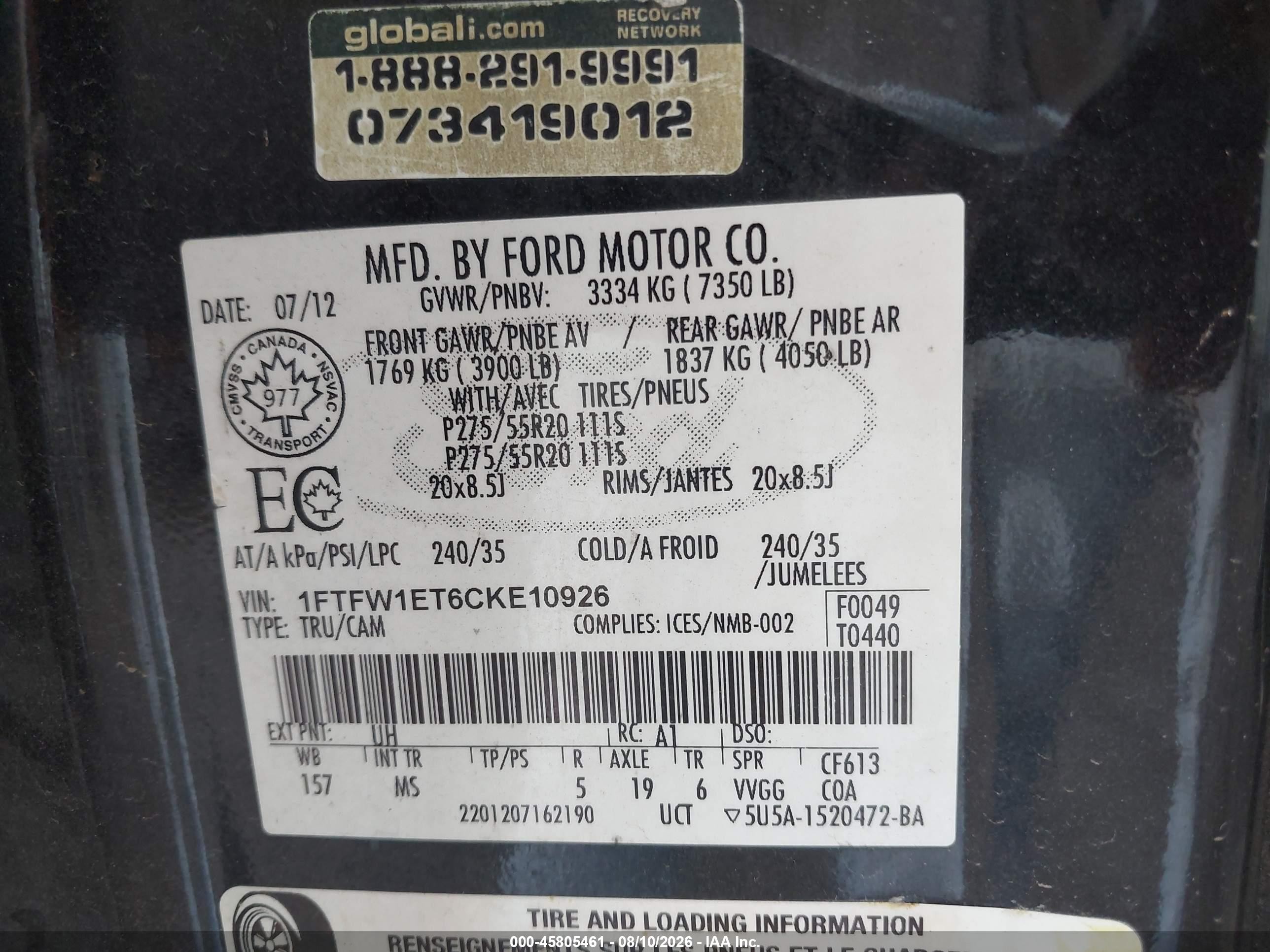 2012 Ford F-150 Xlt Black vin: 1FTFW1ET6CKE10926