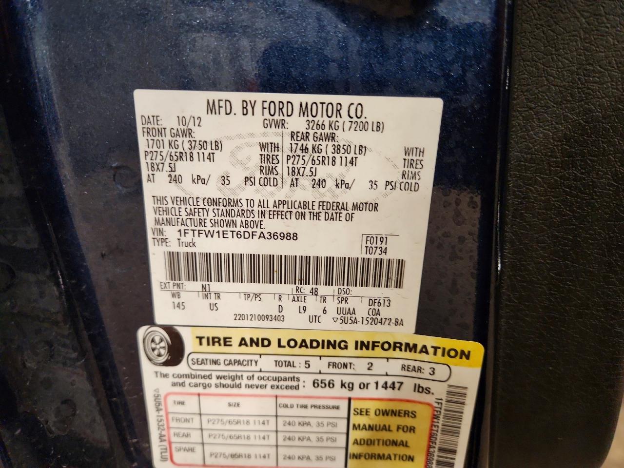 2013 Ford F150 Supercrew Blue vin: 1FTFW1ET6DFA36988