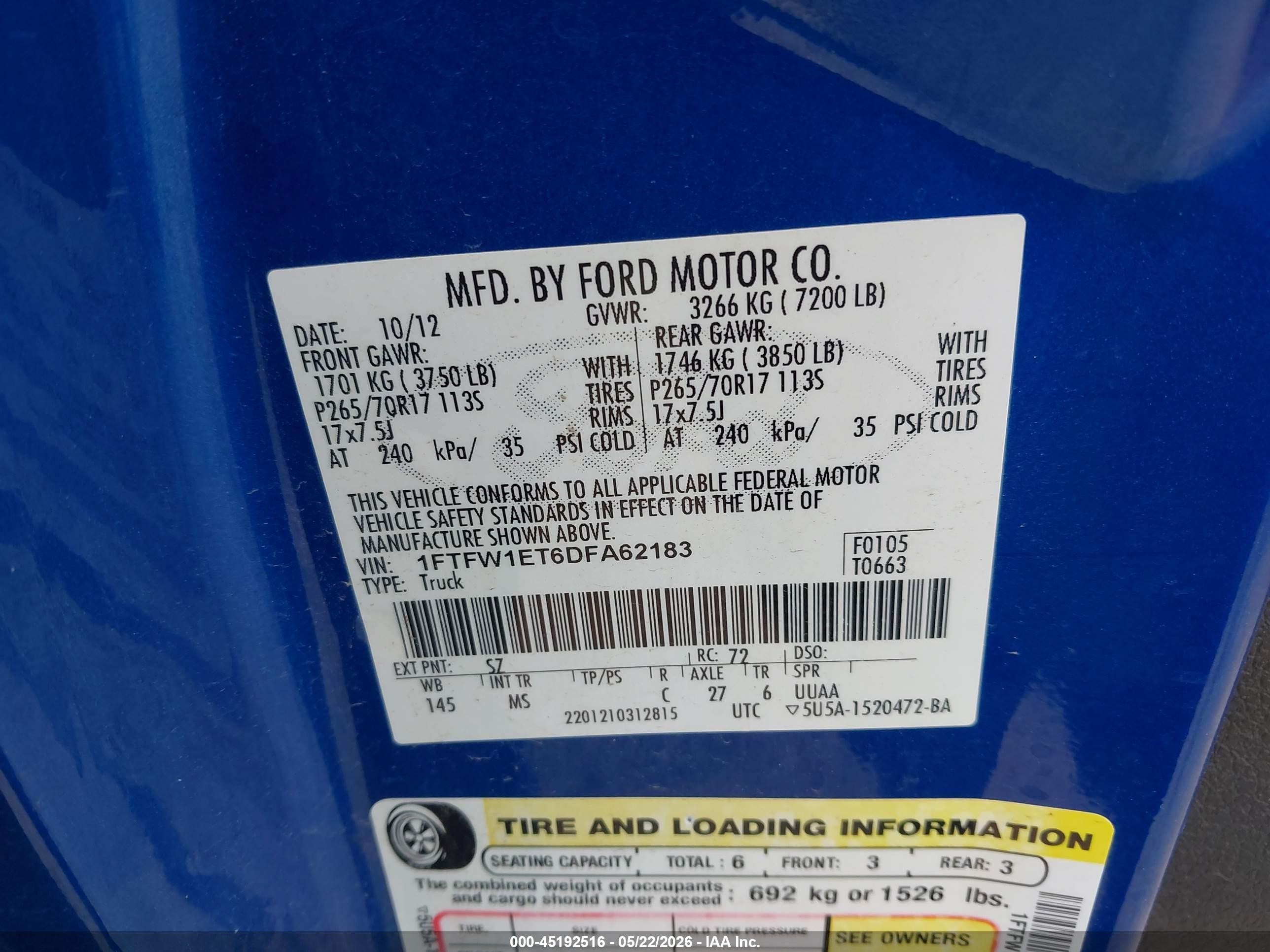 2013 Ford F-150 Xlt Blue vin: 1FTFW1ET6DFA62183