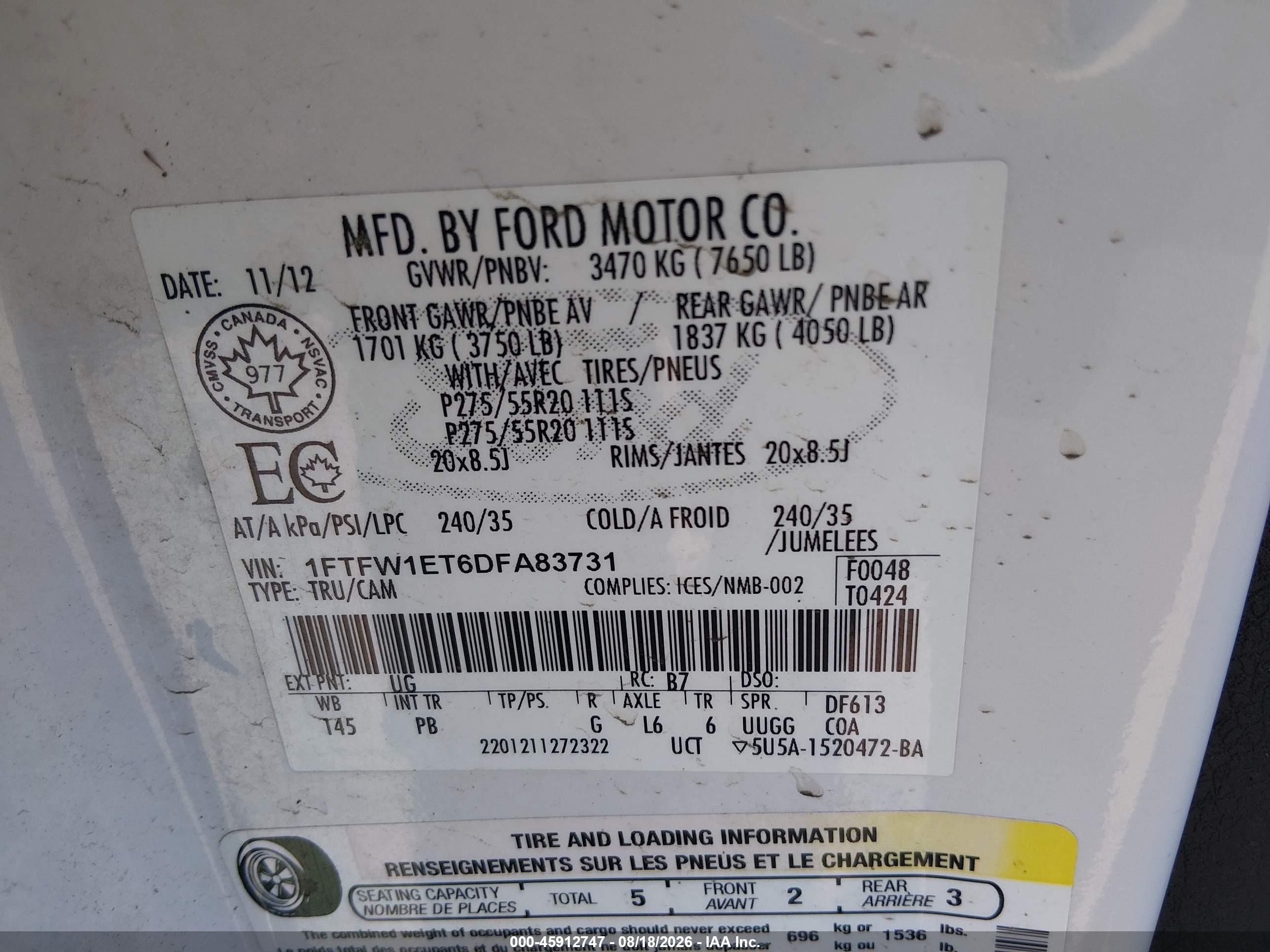 2013 Ford F-150 Platinum Белый vin: 1FTFW1ET6DFA83731