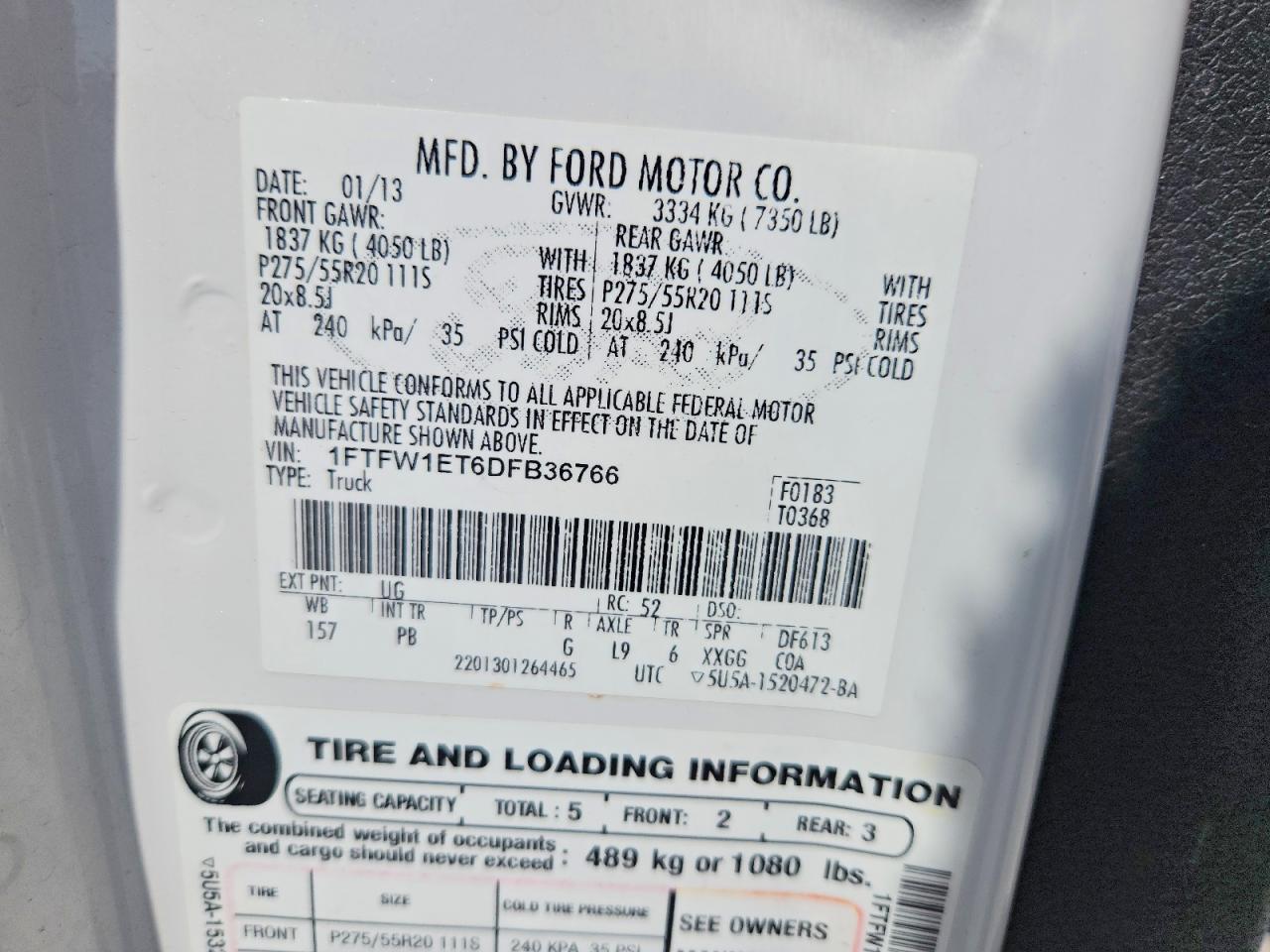 2013 Ford F150 Supercrew Белый vin: 1FTFW1ET6DFB36766