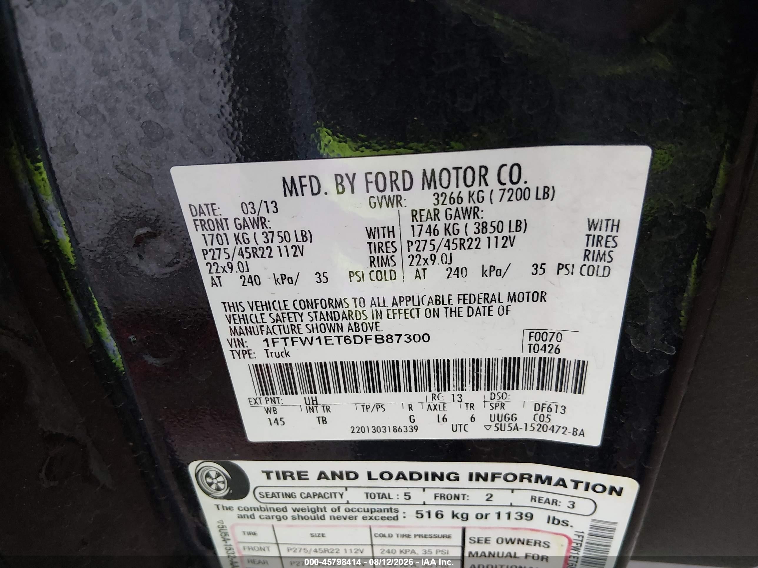 2013 Ford F-150 Limited Black vin: 1FTFW1ET6DFB87300