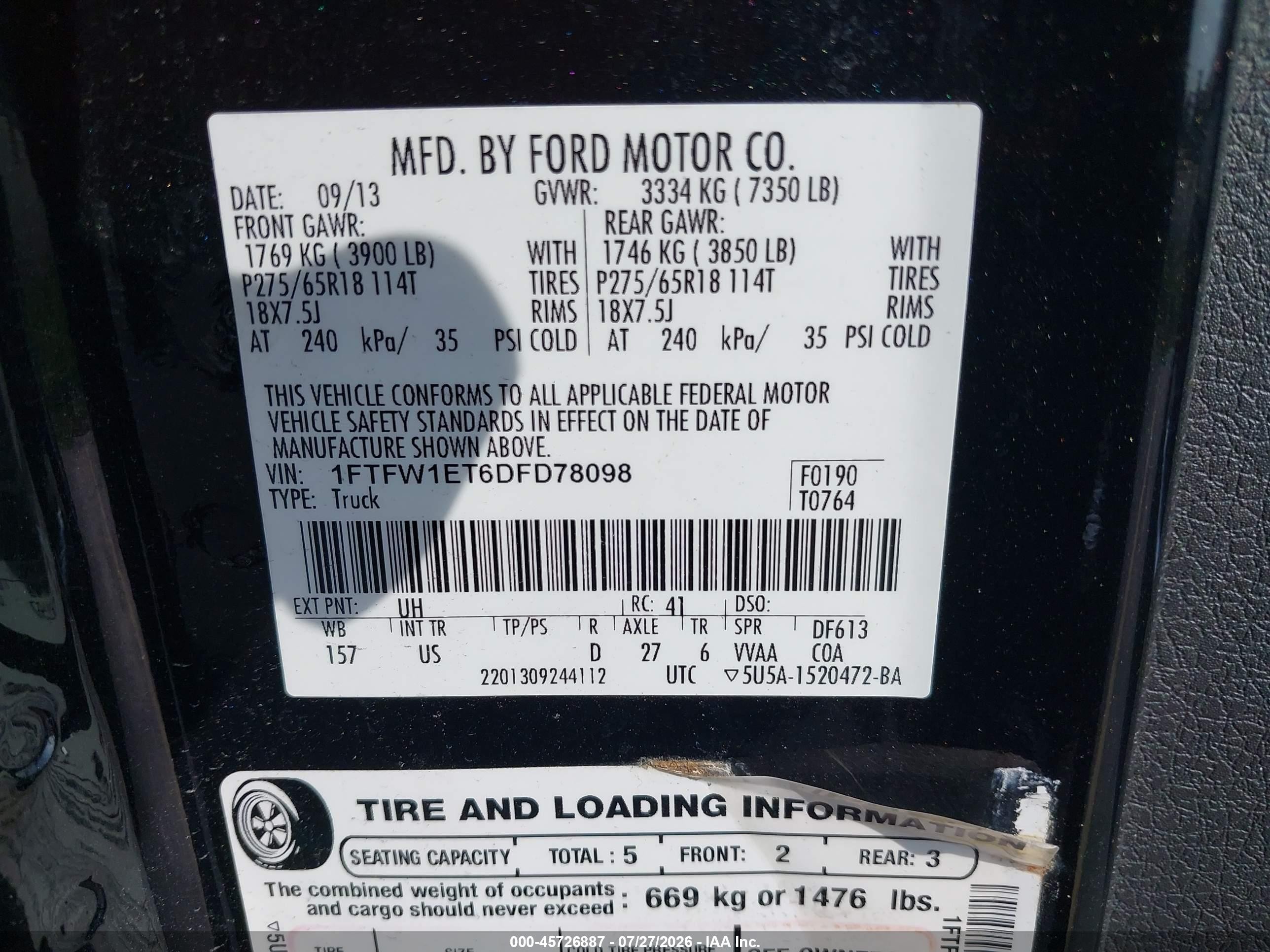 2013 Ford F-150 Xlt Black vin: 1FTFW1ET6DFD78098