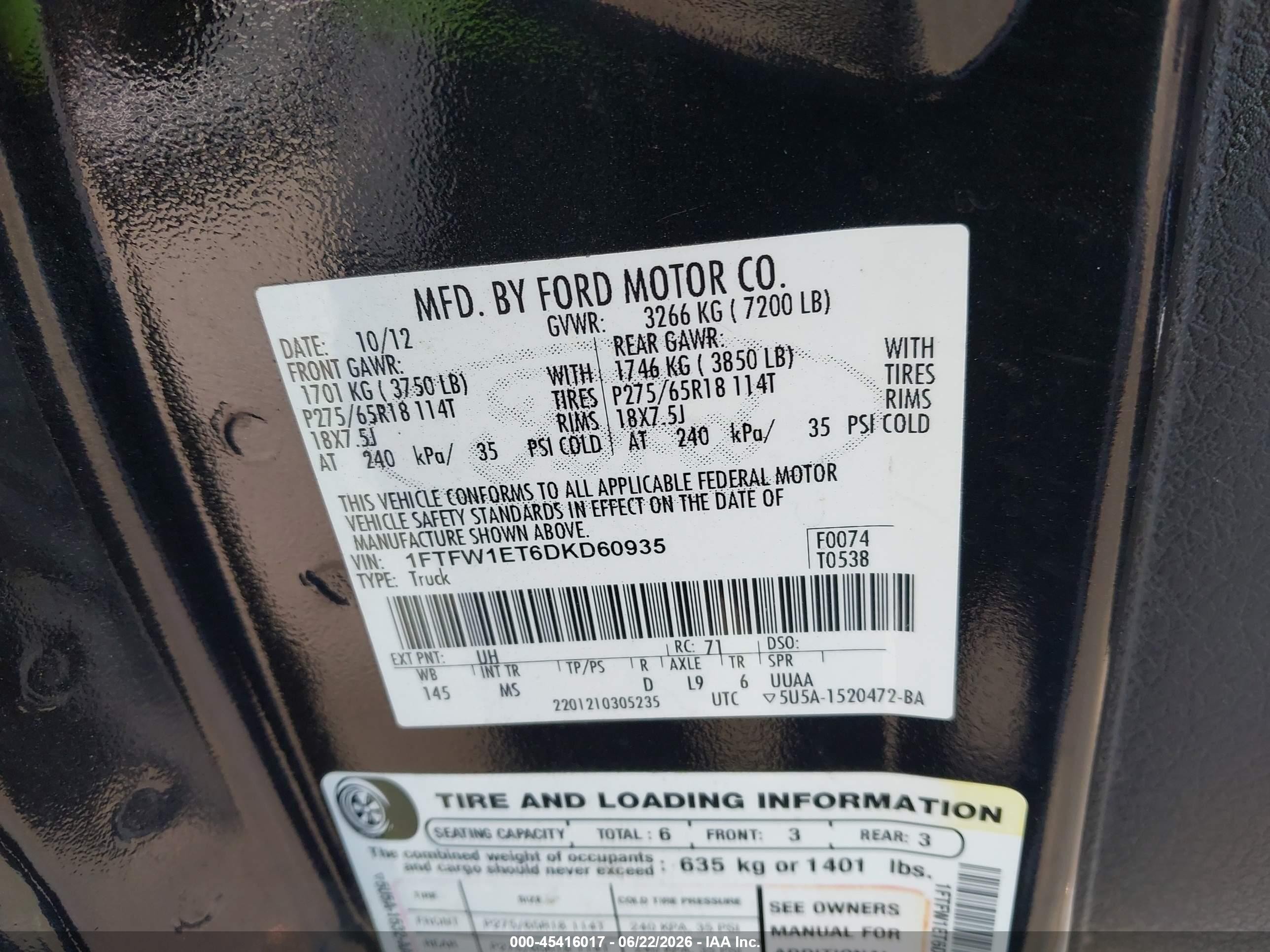 2013 Ford F-150 Fx4/king Ranch/lariat/limited/platinum/xl/xlt Black vin: 1FTFW1ET6DKD60935