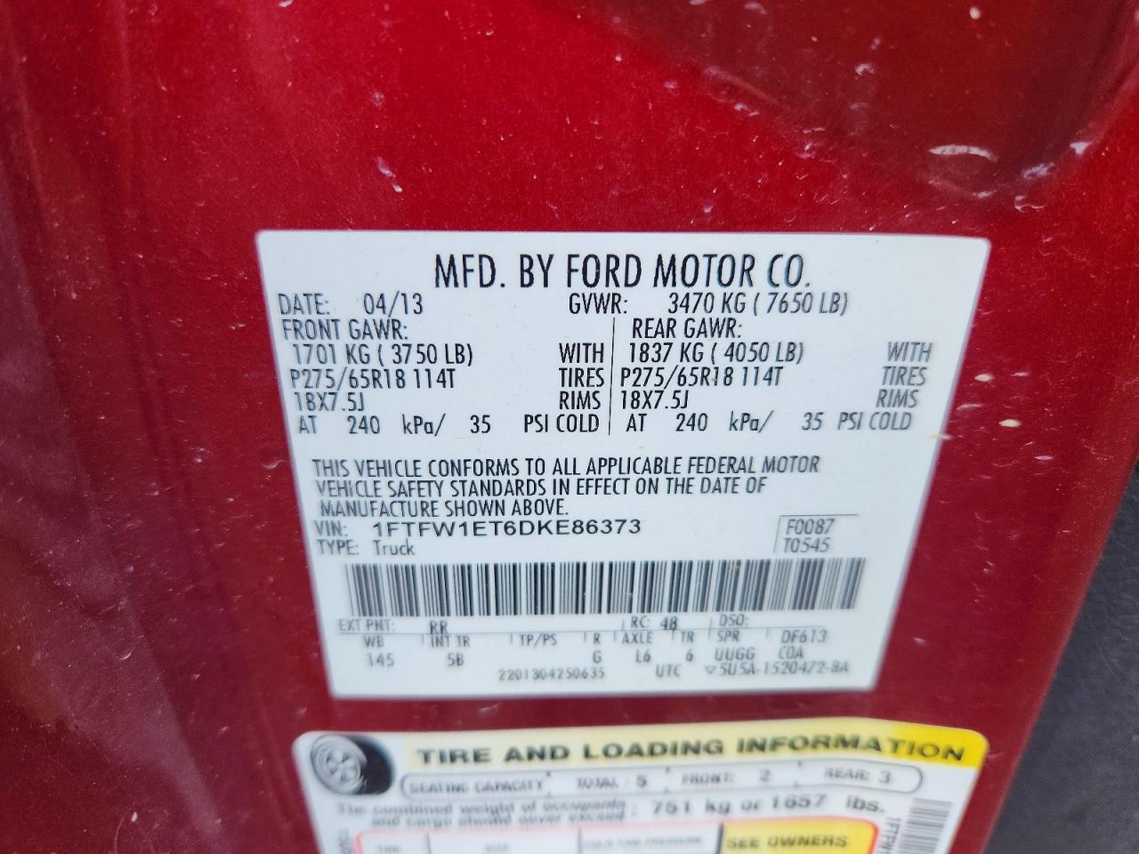 2013 Ford F150 Supercrew Red vin: 1FTFW1ET6DKE86373
