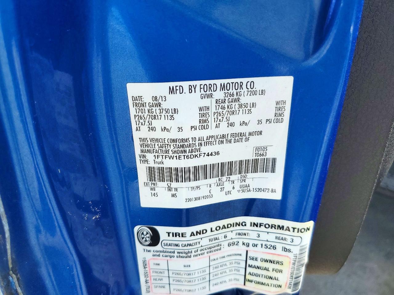 2013 Ford F150 Supercrew Blue vin: 1FTFW1ET6DKF74436