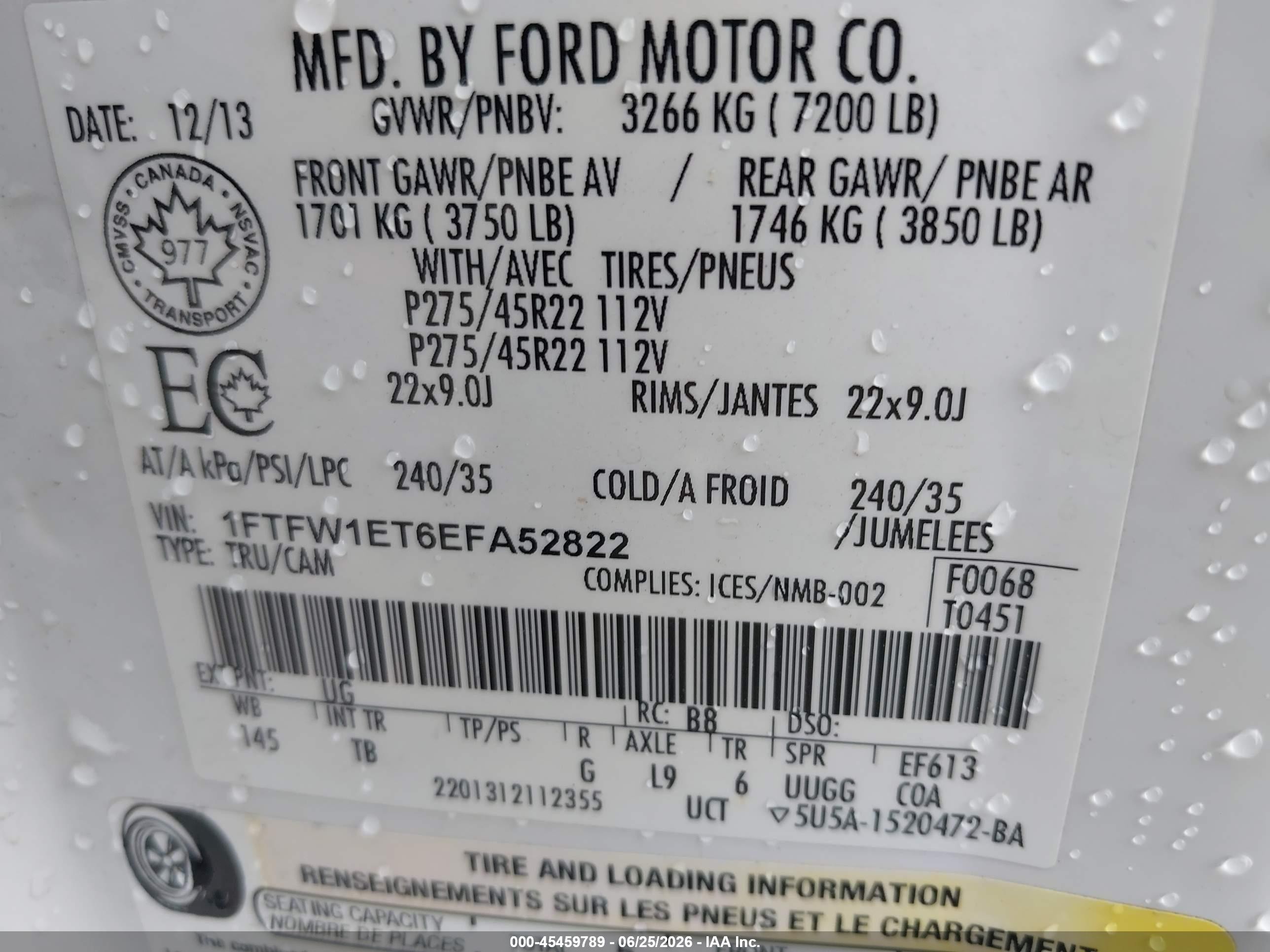 2014 Ford F-150 Fx4/king Ranch/lariat/limited/platinum/xl/xlt White vin: 1FTFW1ET6EFA52822