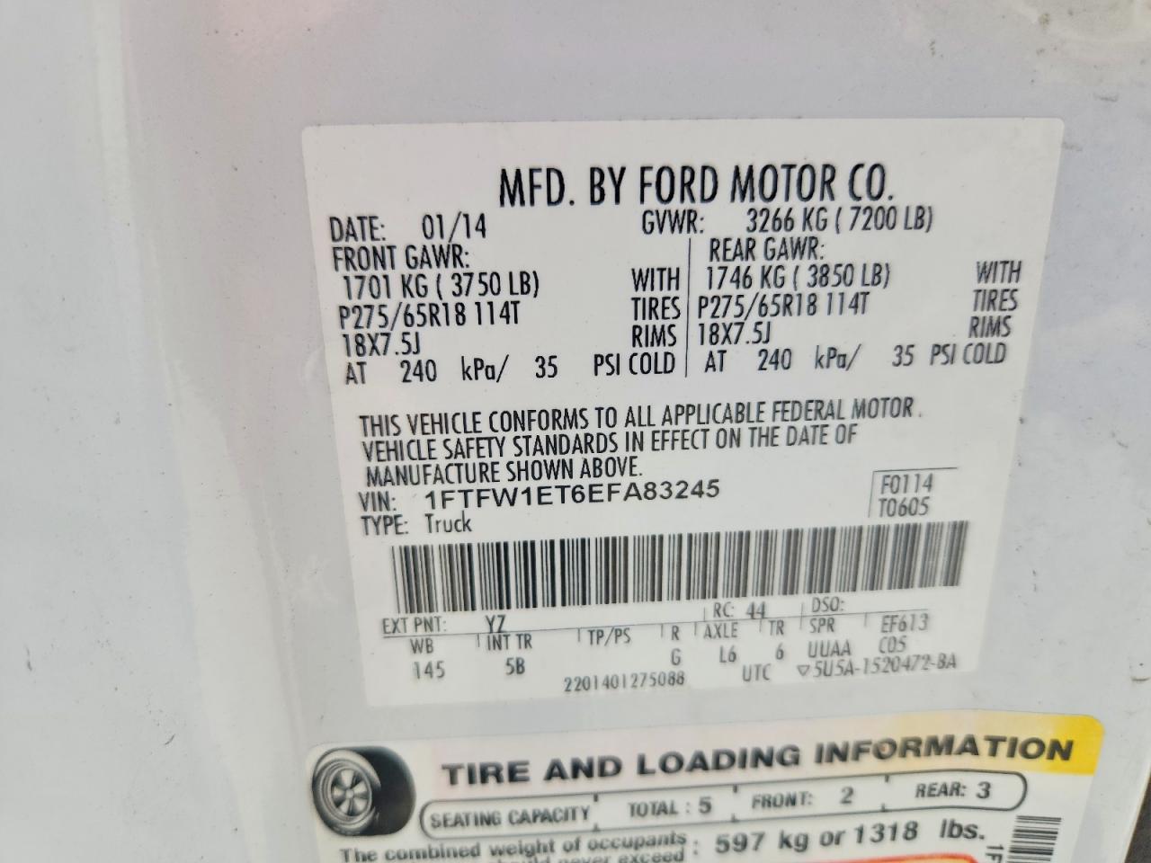 2014 Ford F150 Supercrew White vin: 1FTFW1ET6EFA83245