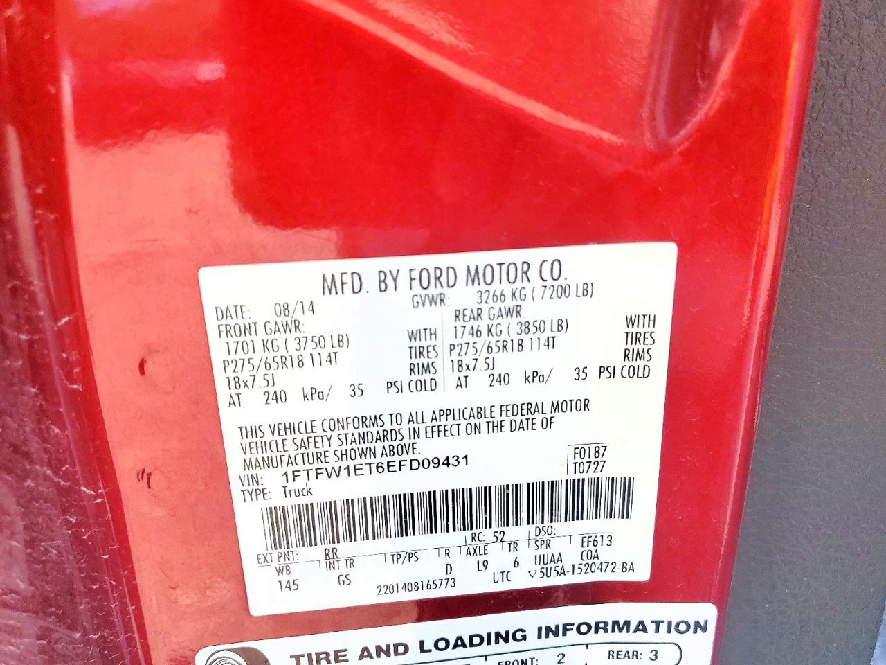 2014 Ford F150 Supercrew Red vin: 1FTFW1ET6EFD09431