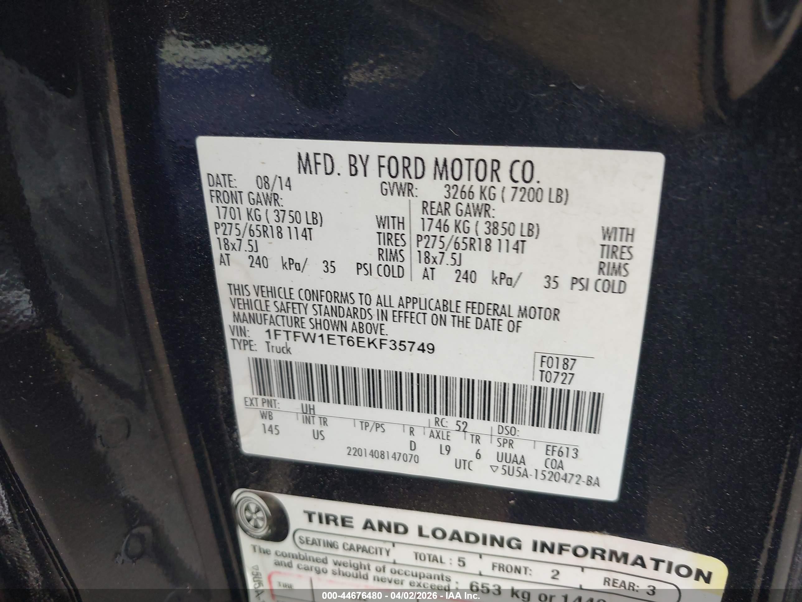 2014 Ford F-150 Xlt Black vin: 1FTFW1ET6EKF35749