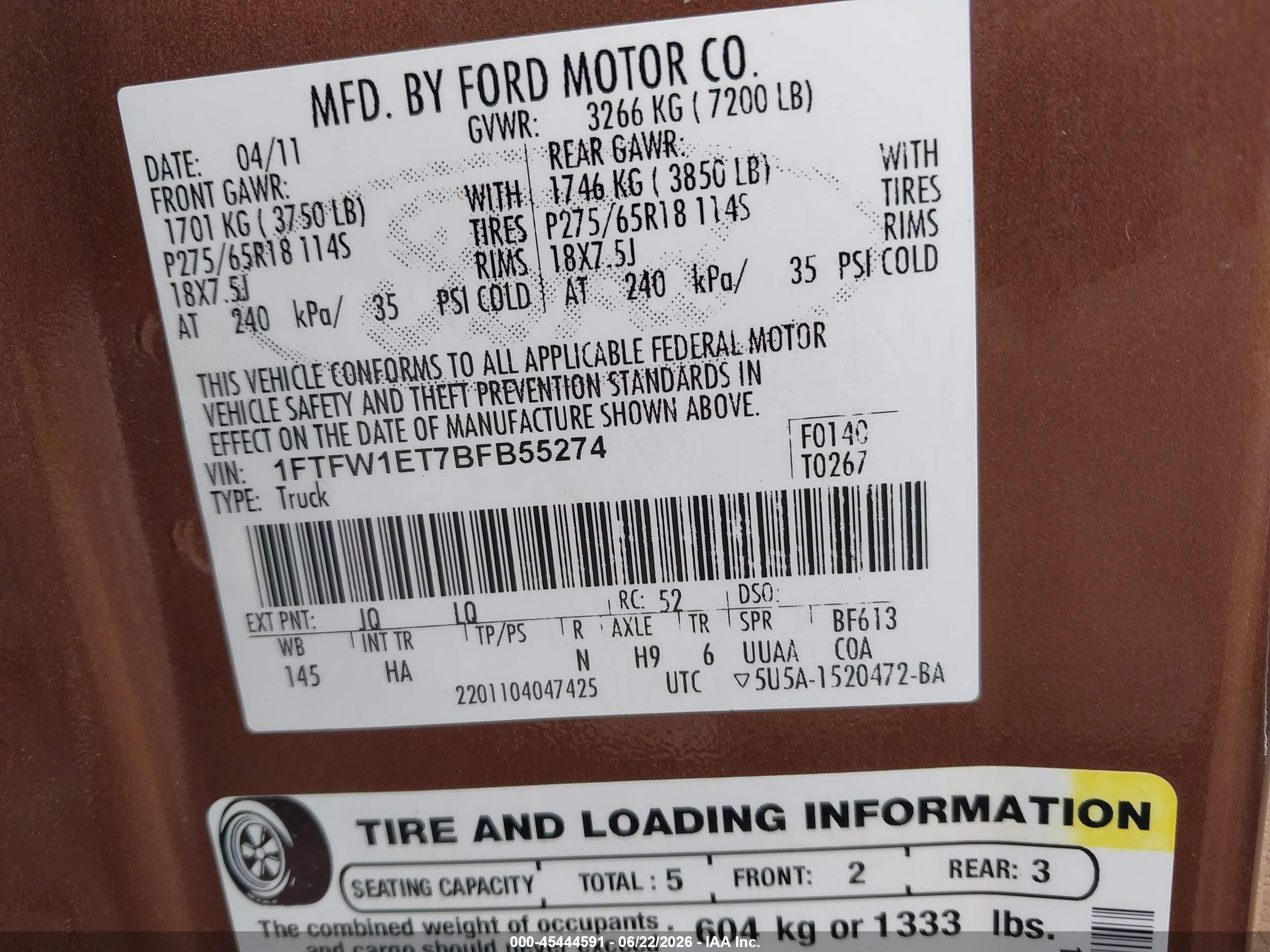 2011 Ford F-150 Lariat Brown vin: 1FTFW1ET7BFB55274