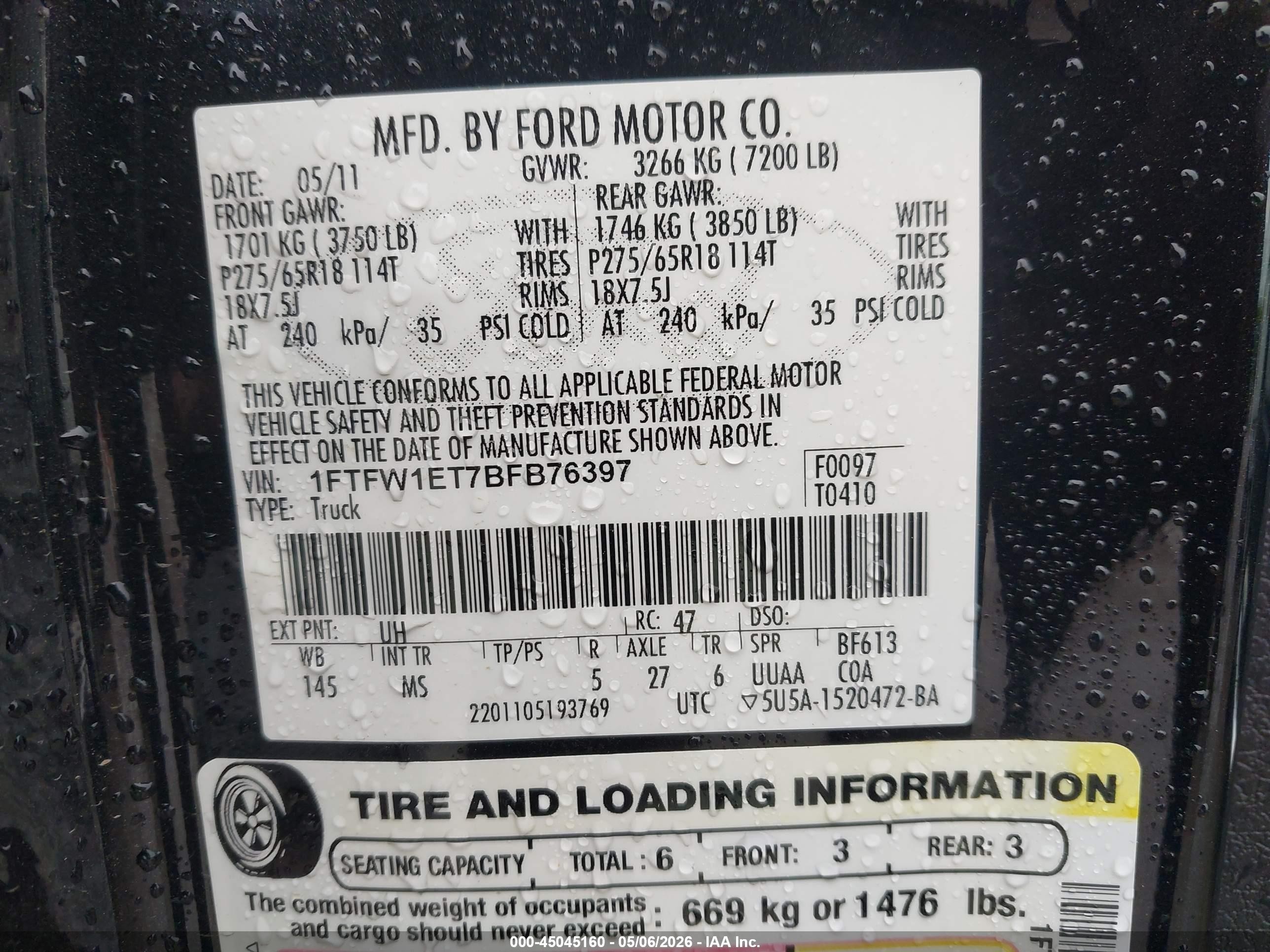 2011 Ford F-150 Xlt Black vin: 1FTFW1ET7BFB76397