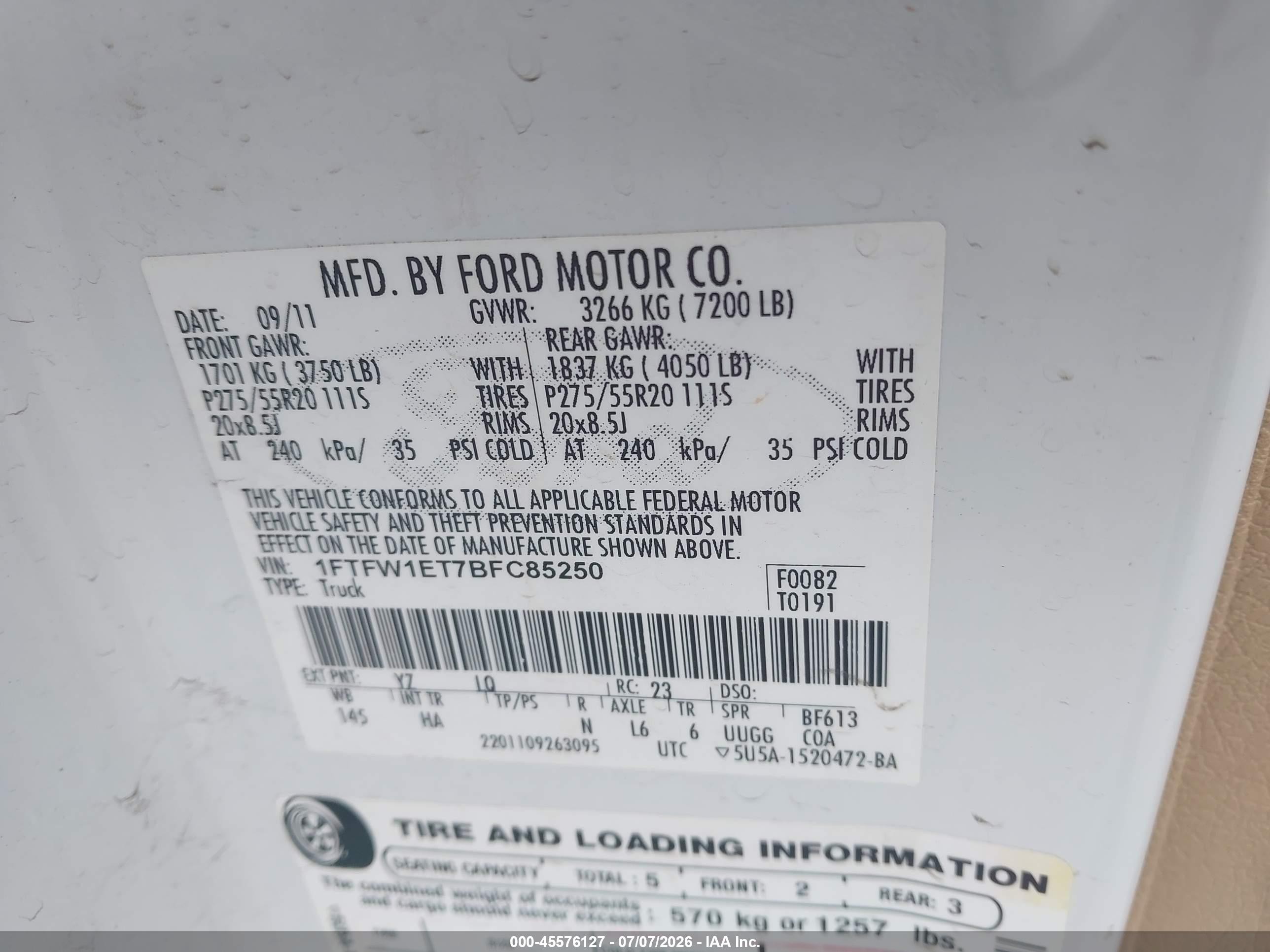 2011 Ford F-150 Lariat White vin: 1FTFW1ET7BFC85250