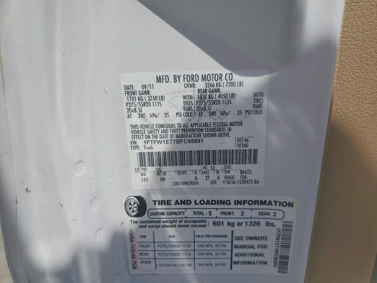 2011 Ford F150 Supercrew White vin: 1FTFW1ET7BFC95891