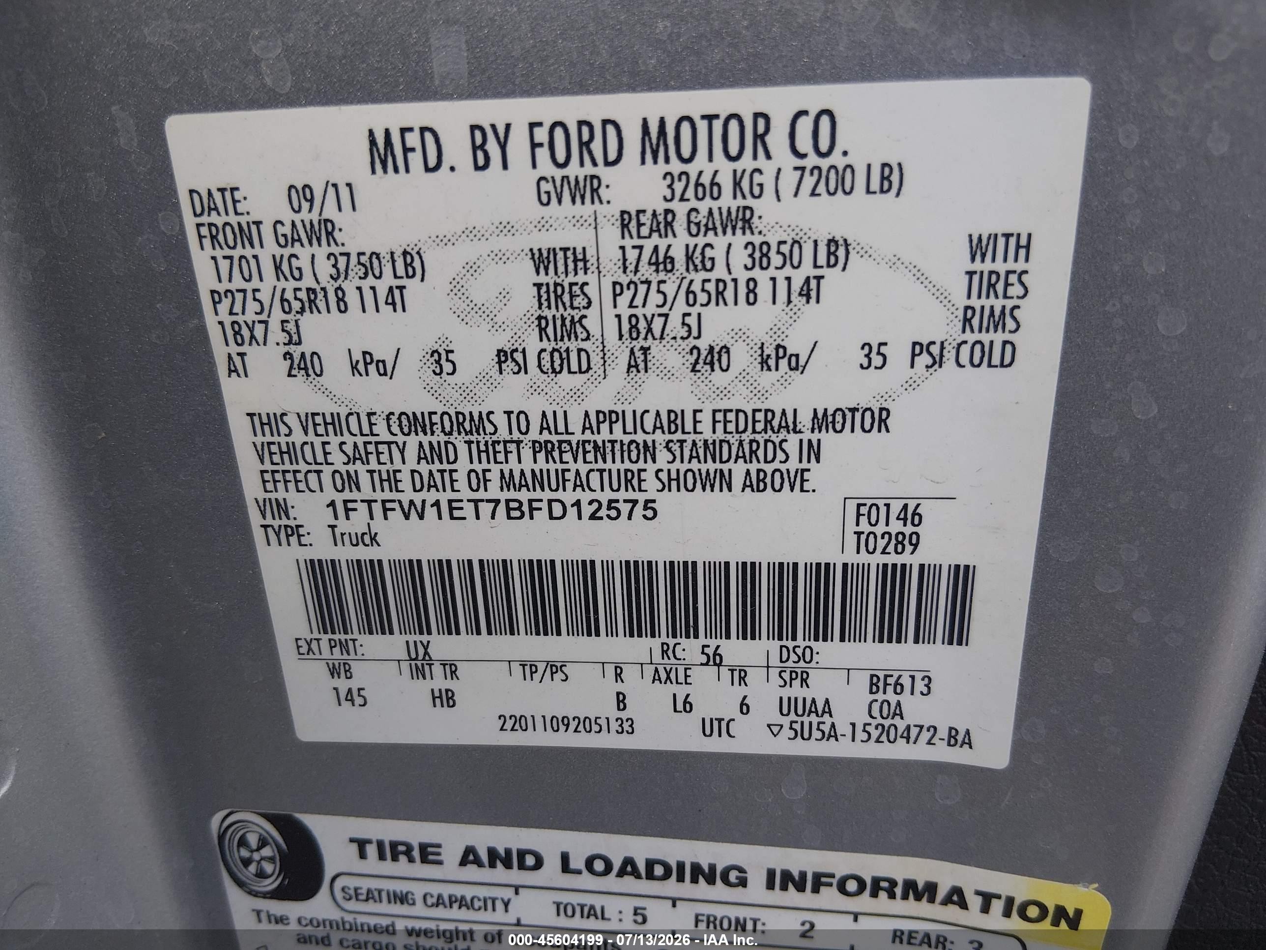 2011 Ford F-150 Fx4/king Ranch/lariat/platinum/xlt Silver vin: 1FTFW1ET7BFD12575