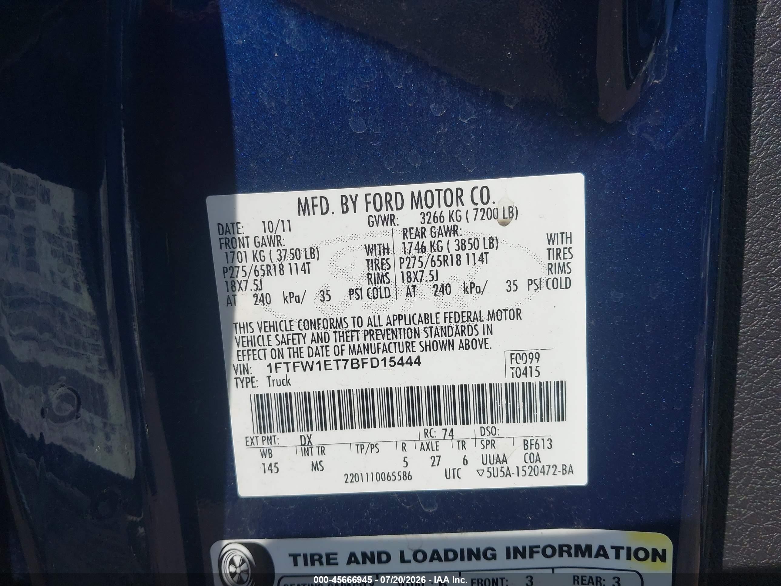 2011 Ford F-150 Xlt Blue vin: 1FTFW1ET7BFD15444