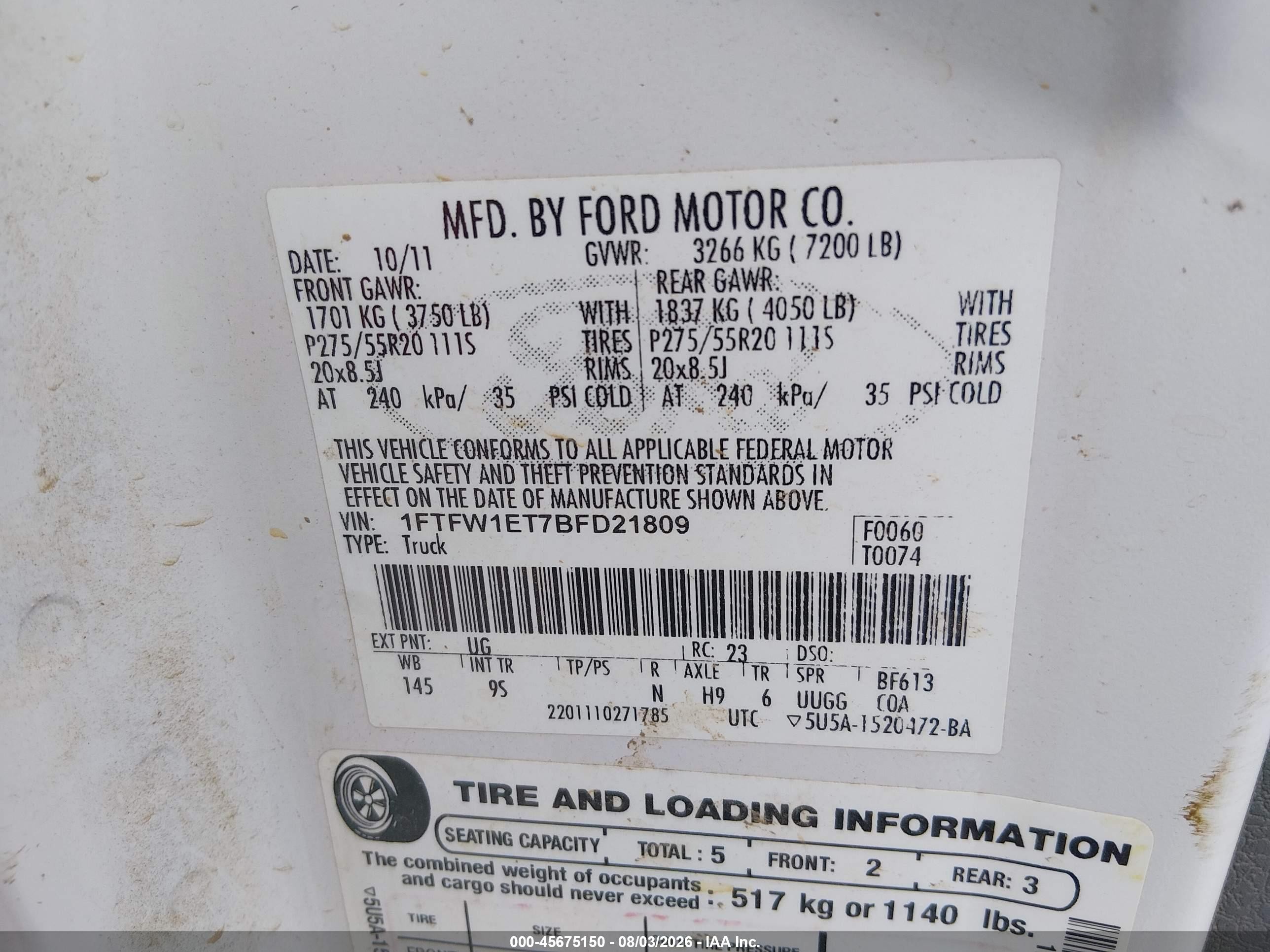 2011 Ford F-150 Platinum White vin: 1FTFW1ET7BFD21809