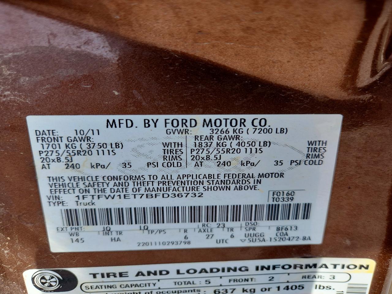 2011 Ford F150 Supercrew Brown vin: 1FTFW1ET7BFD36732
