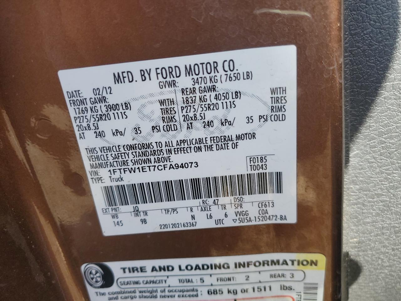 2012 Ford F150 Supercrew Brown vin: 1FTFW1ET7CFA94073