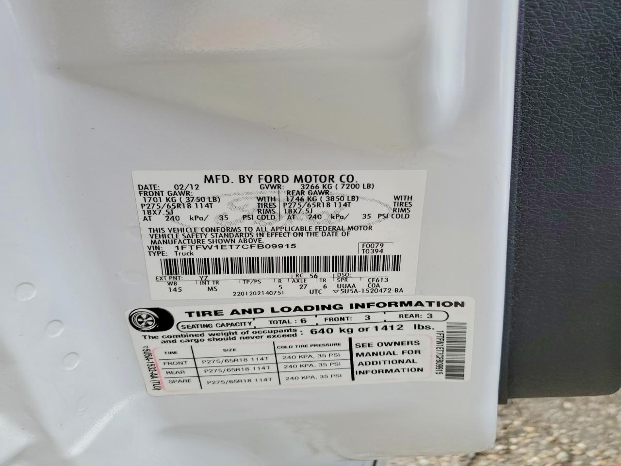 2012 Ford 150 Pu Sup White vin: 1FTFW1ET7CFB09915