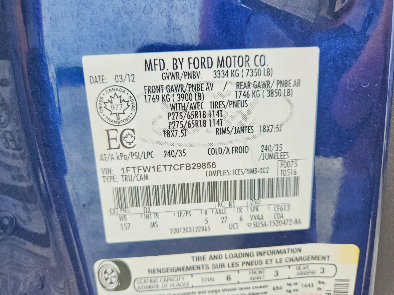 2012 Ford F150 Supercrew Blue vin: 1FTFW1ET7CFB29856