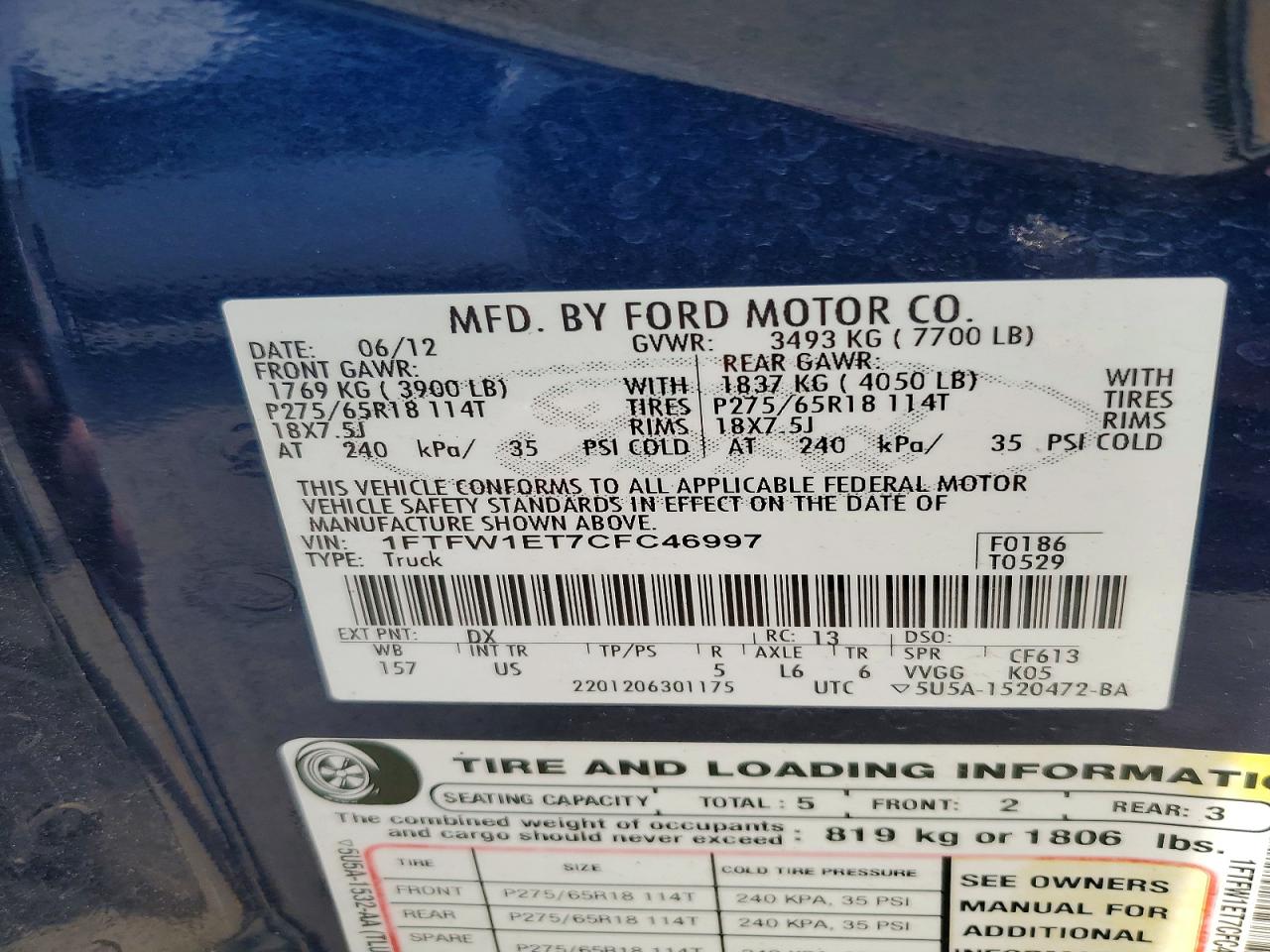 2012 Ford F150 Supercrew Blue vin: 1FTFW1ET7CFC46997