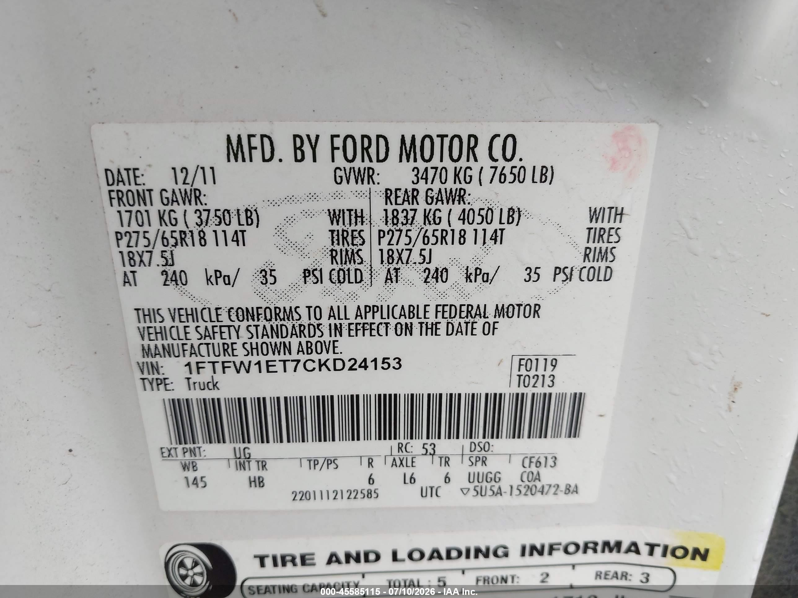 2012 Ford F-150 Fx4/king Ranch/lariat/platinum/xl/xlt White vin: 1FTFW1ET7CKD24153