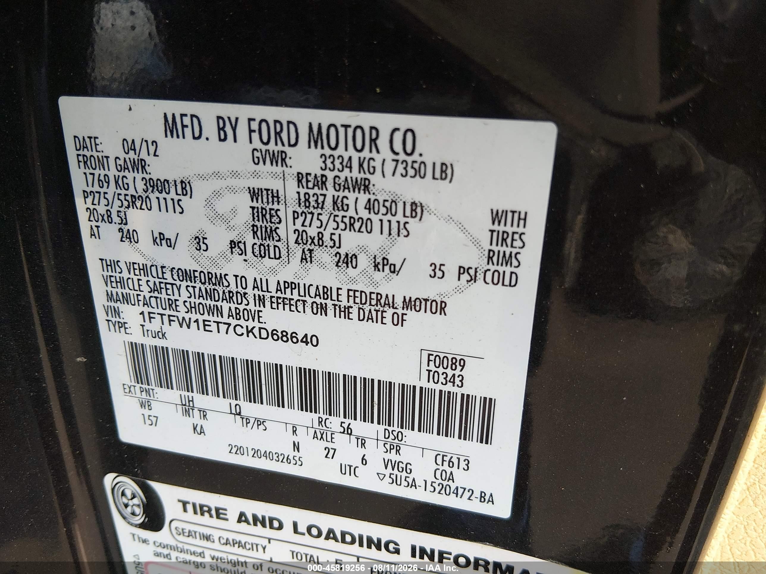 2012 Ford F-150 King Ranch Black vin: 1FTFW1ET7CKD68640