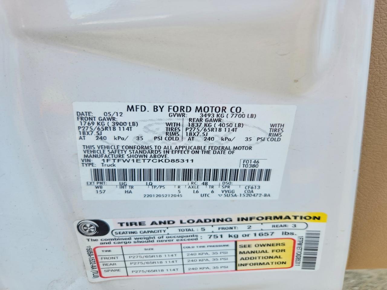 2012 Ford F150 Supercrew White vin: 1FTFW1ET7CKD85311