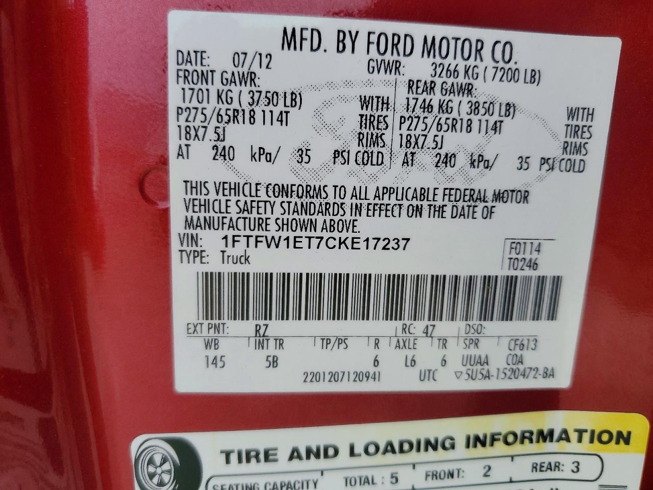 2012 Ford F150 Supercrew Red vin: 1FTFW1ET7CKE17237