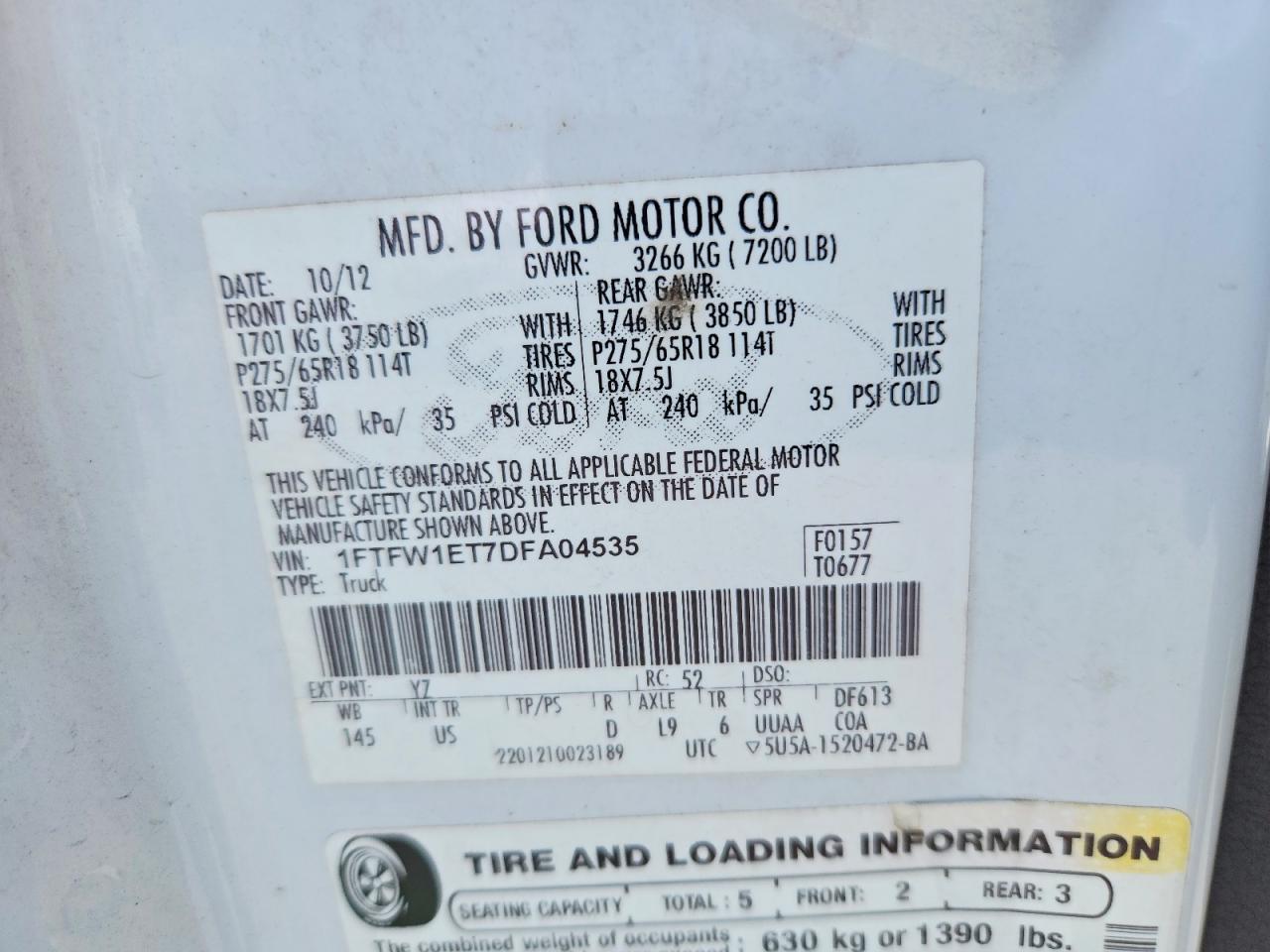 2013 Ford F150 Supercrew White vin: 1FTFW1ET7DFA04535